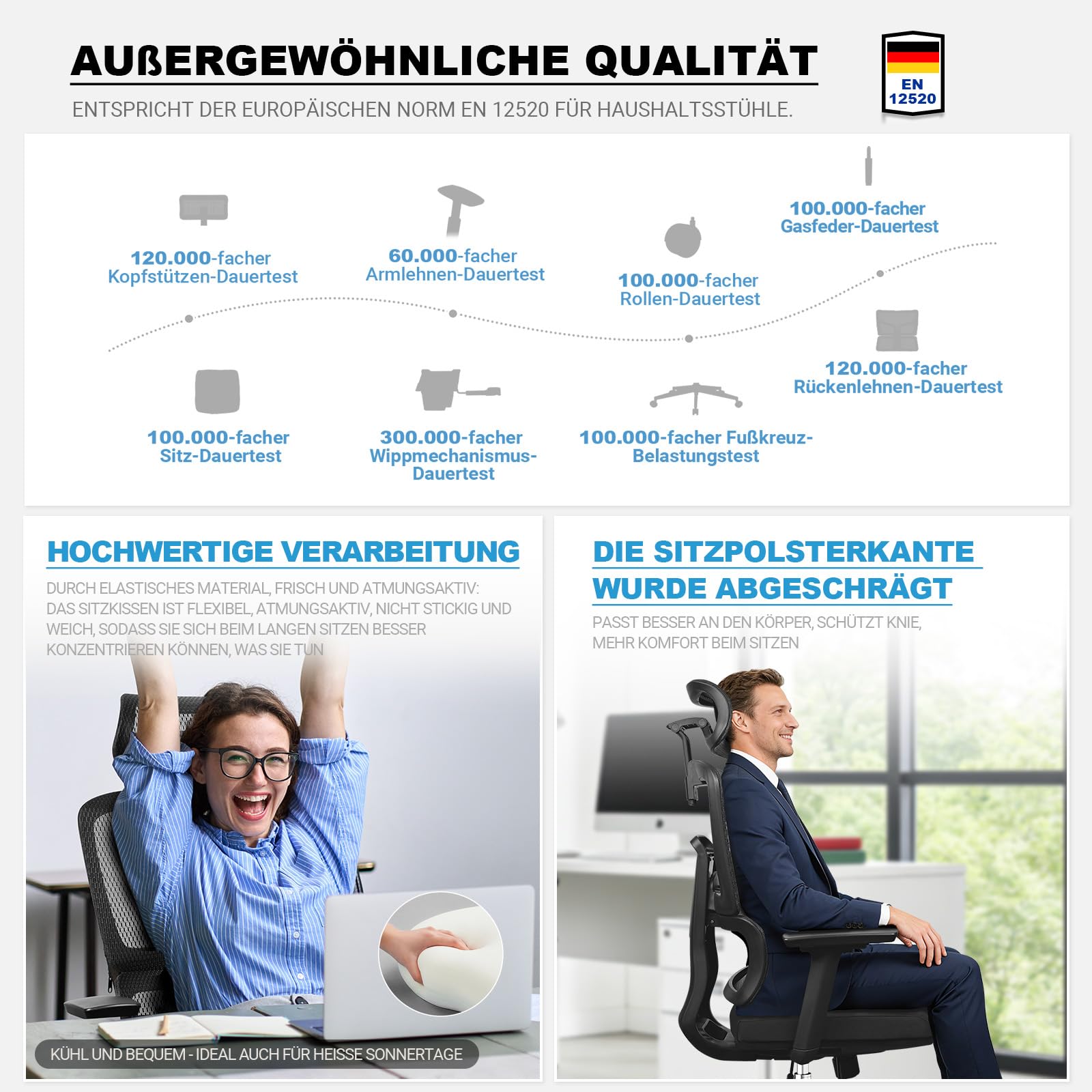 MELOKEA Bürostuhl Ergonomisch 200kg mit Verstellbarer Rückenlehne | Ergonomischer Schreibtischstuhl für große Menschen und langes Arbeiten mit Lendenstütze, 4D-Armlehnen, Sitztiefe Verstellbar