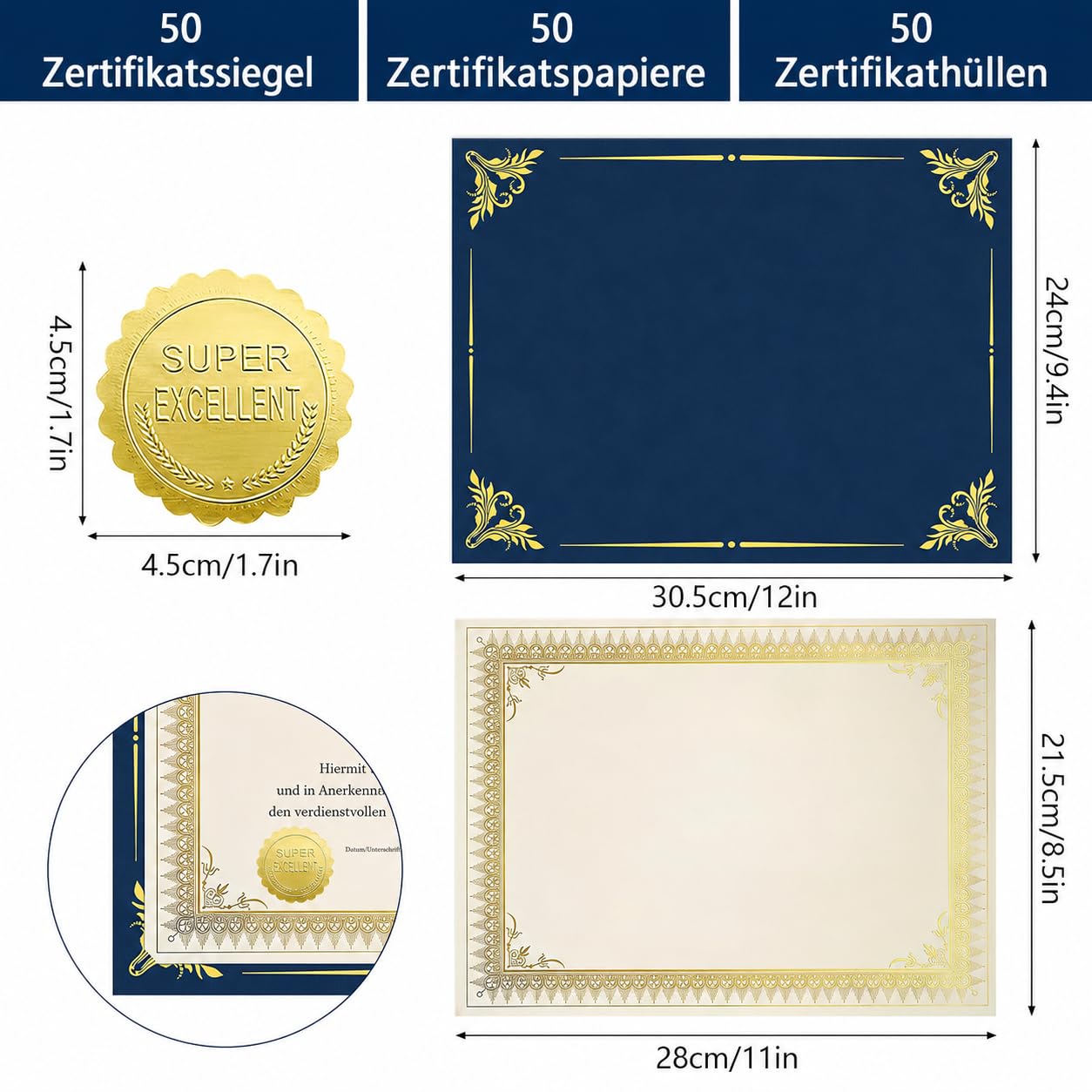 Lot de 50 feuilles de papier de certificat avec 50 dossiers de certificat, 50 feuilles de papier de certificat et 50 autocollants pour l'obtention du diplôme, la récompense, la performance (bleu