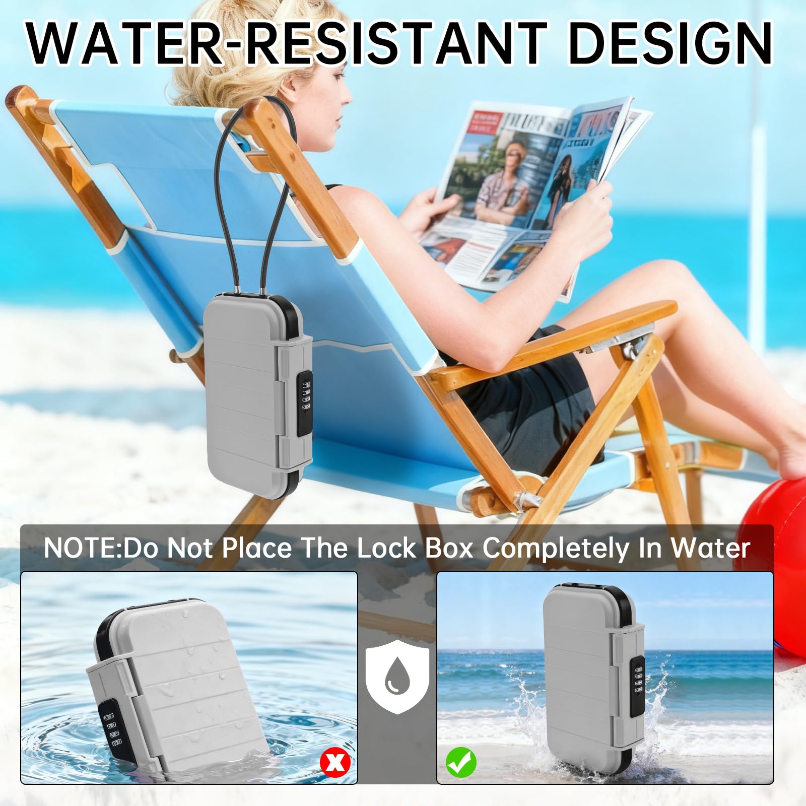 Coffre-fort portable, boîte de sécurité à combinaison avec code, étanche, antivol avec chaîne amovible pour la plage, le dortoir, le rangement d'objets personnels (gris)