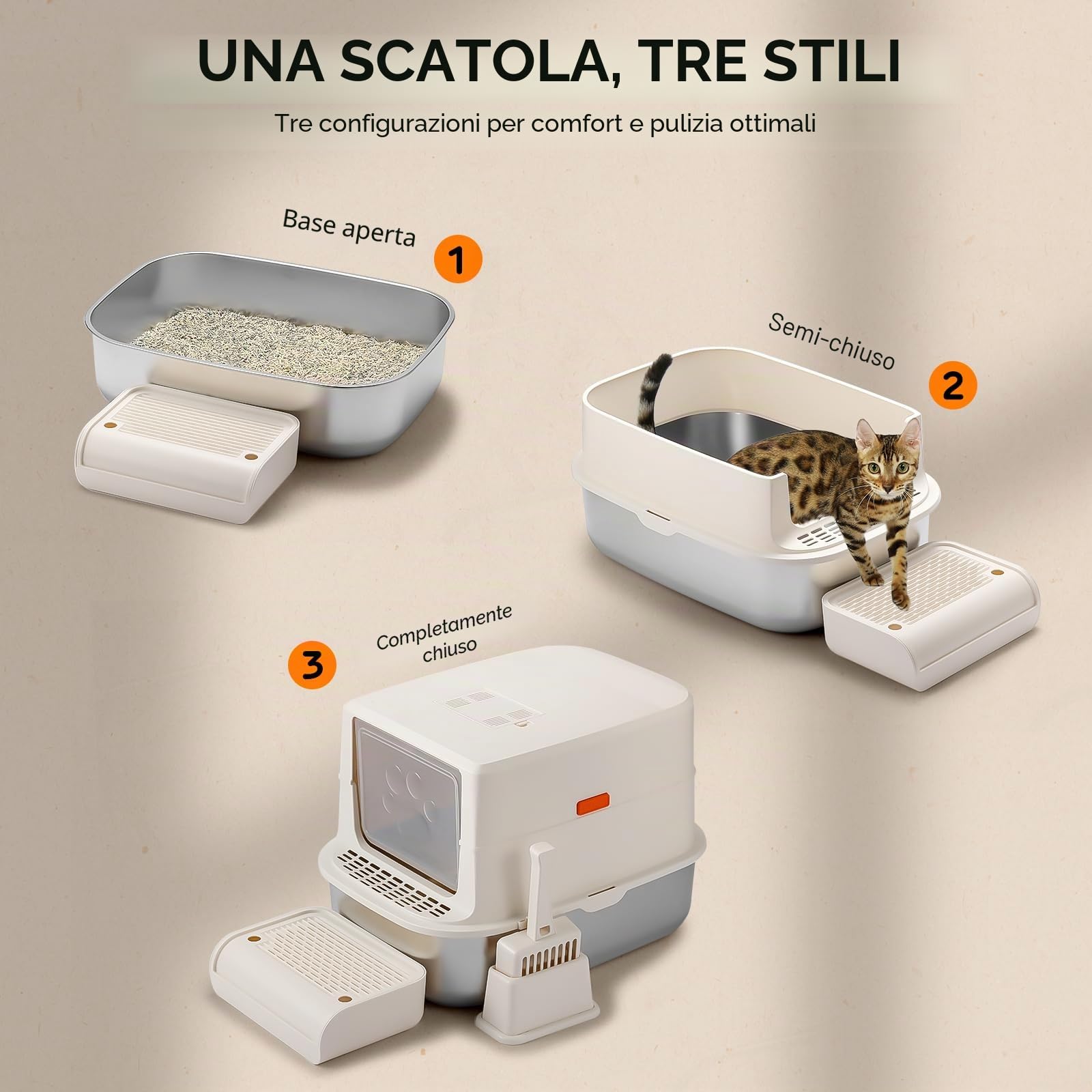 iPettie S01 - Lettiera grande in acciaio inox da 20 l, con filtro a carbone a prova di odore, con paletta per lettiera, facile da pulire, in metallo con coperchio