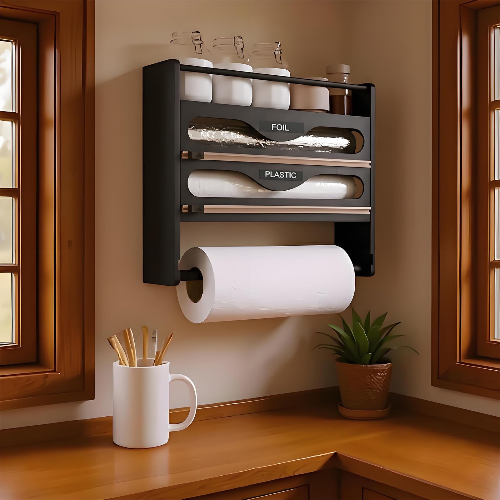 Dispenser di pellicola con taglierino, dispenser di pellicola in alluminio e contenuto fresco, porta rotolo da cucina e portaspezie, dispenser di pellicola salvafreschezza da cucina, pellicola