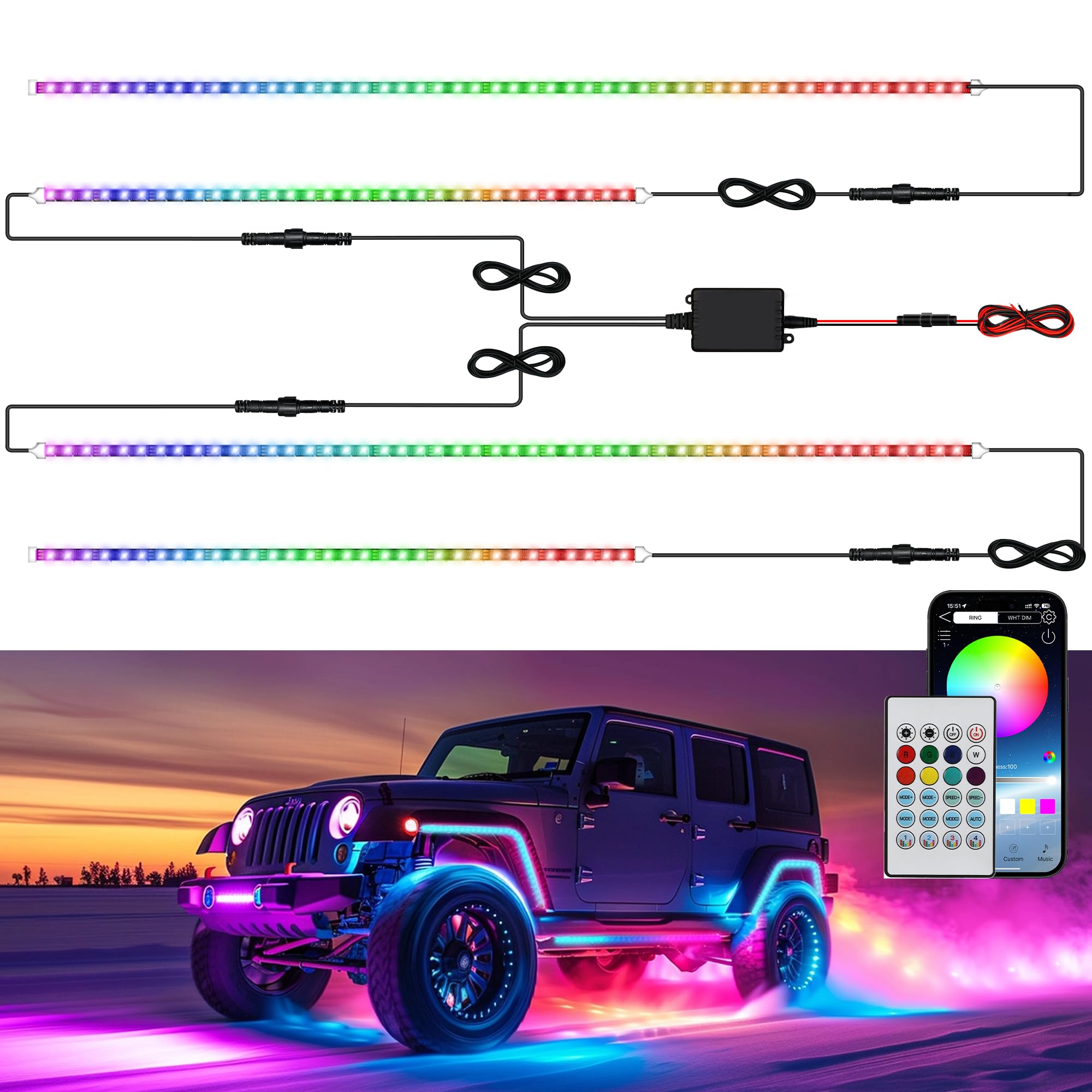 Underglow LED Lights for Cars 252 LEDs RGBI Neon Accent Strip Lights with App and Remote Control 16 Million Colors DIY & Music Mode Underbody Exterior Lights Kit for RV SUV Truck Boat 12V