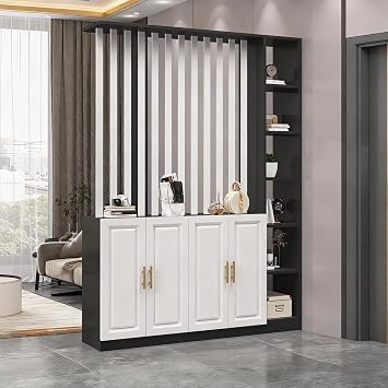 Modern Wall Room Divider,Modern Entryway Room Divider with Shoe Cabinet,Entryway Storage Cabinet with Shoe RackBlack+White,150x30x200cm/59x11.8x78.7in