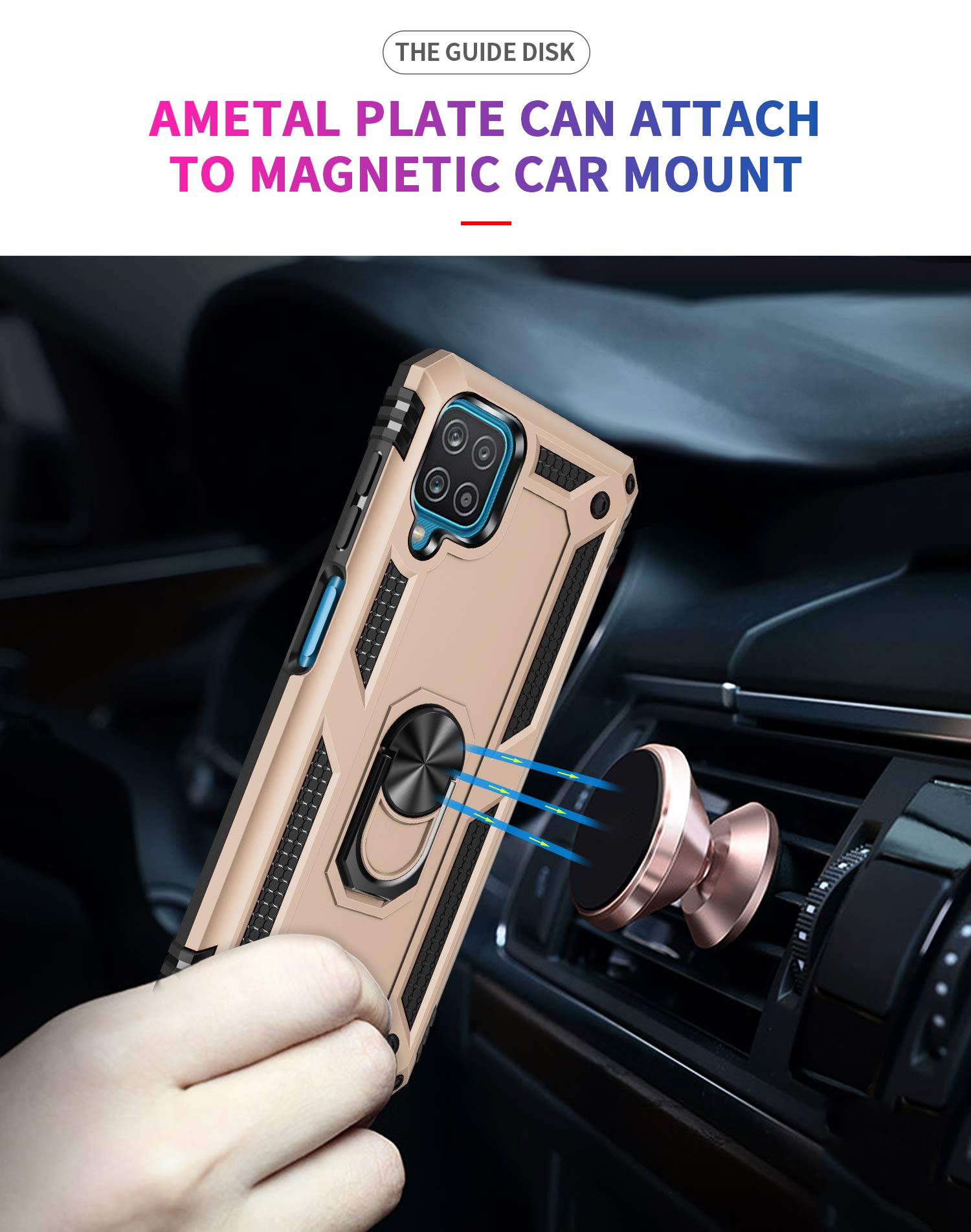 SORAKA Case for Samsung Galaxy A12 with Ring Holder Armor Case Samsung Galaxy M12 Case Soft TPU Bumper Hard PC Back Cover with Metal Plate for Magnetic Phone Car Mount Gold