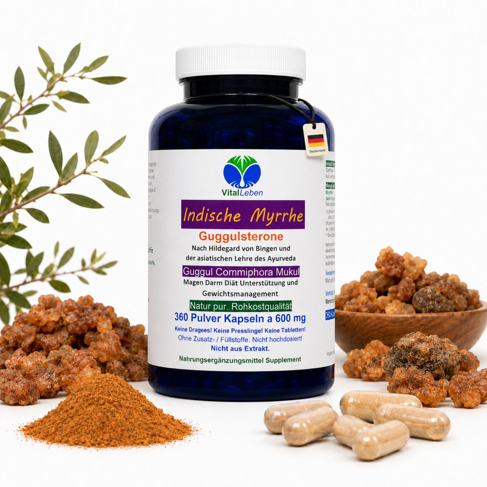GUGGUL Indische MYRRHE Ayurveda Guggulsterone 360 Pulver Kapseln - Commiphora Mukul Premium Qualität. NATUR PUR - OHNE ZUSATZSTOFFE - OHNE FÜLLSTOFFE. Abgefüllt in Deutschland. 26810-360