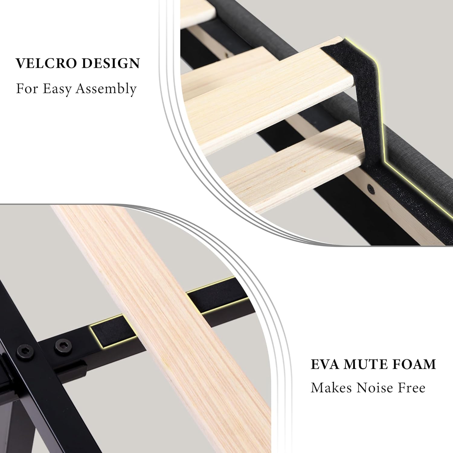 Close-up showing the Velcro design for easy assembly and EVA mute foam for noise reduction on the bed frame slats.