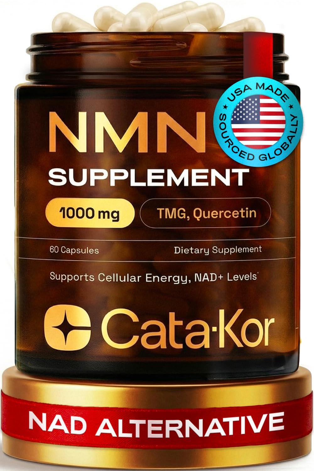Cata-Kor NMN Supplement 1000mg – 4-in-1 NAD Supplement with Quercetin | TMG | Resveratrol – NMNH Alternative – Supports Cellular Energy & NAD+ Levels – 60 Capsules – Third-Party Tested (1 Pack)