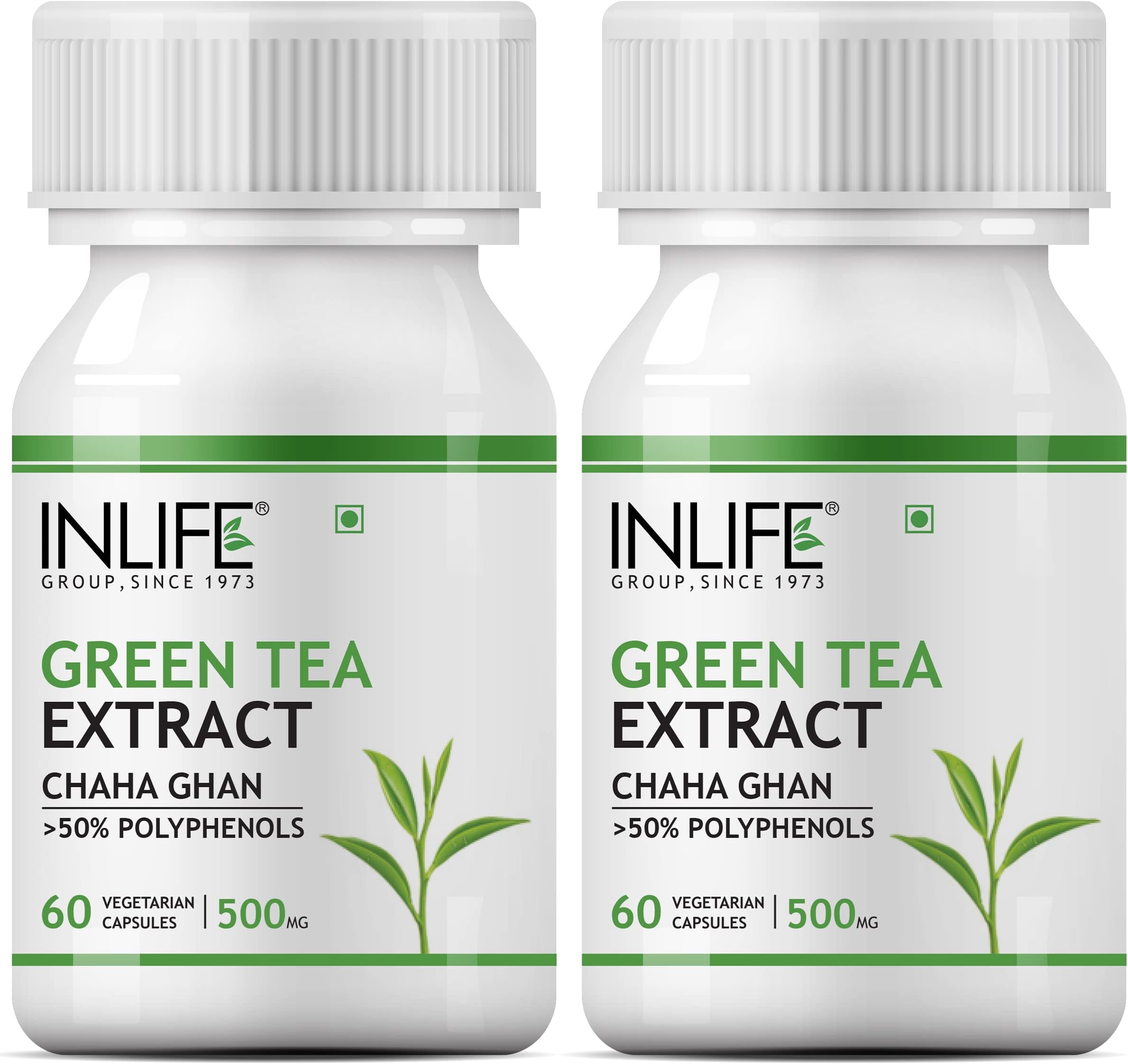 INLIFE Green Tea Extract Capsules | Standardised to > 50% Polyphenols | Antioxidant | Herbal Supplement for Men Women, 500 mg - 60 Vegetarian Capsules (Pack of 2)