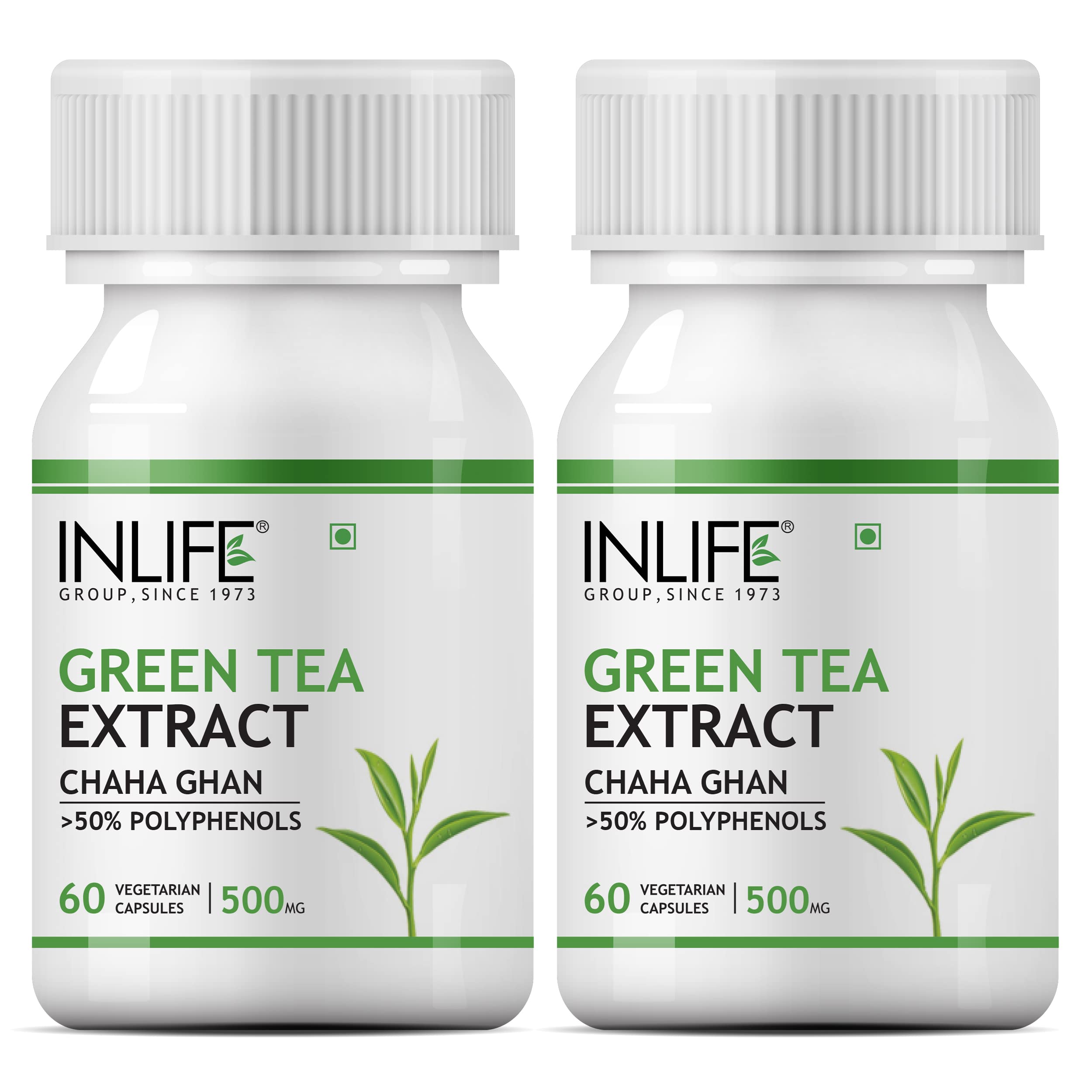 INLIFE Green Tea Extract Capsules | Standardised to > 50% Polyphenols | Antioxidant | Herbal Supplement for Men Women, 500 mg - 60 Vegetarian Capsules (Pack of 2)