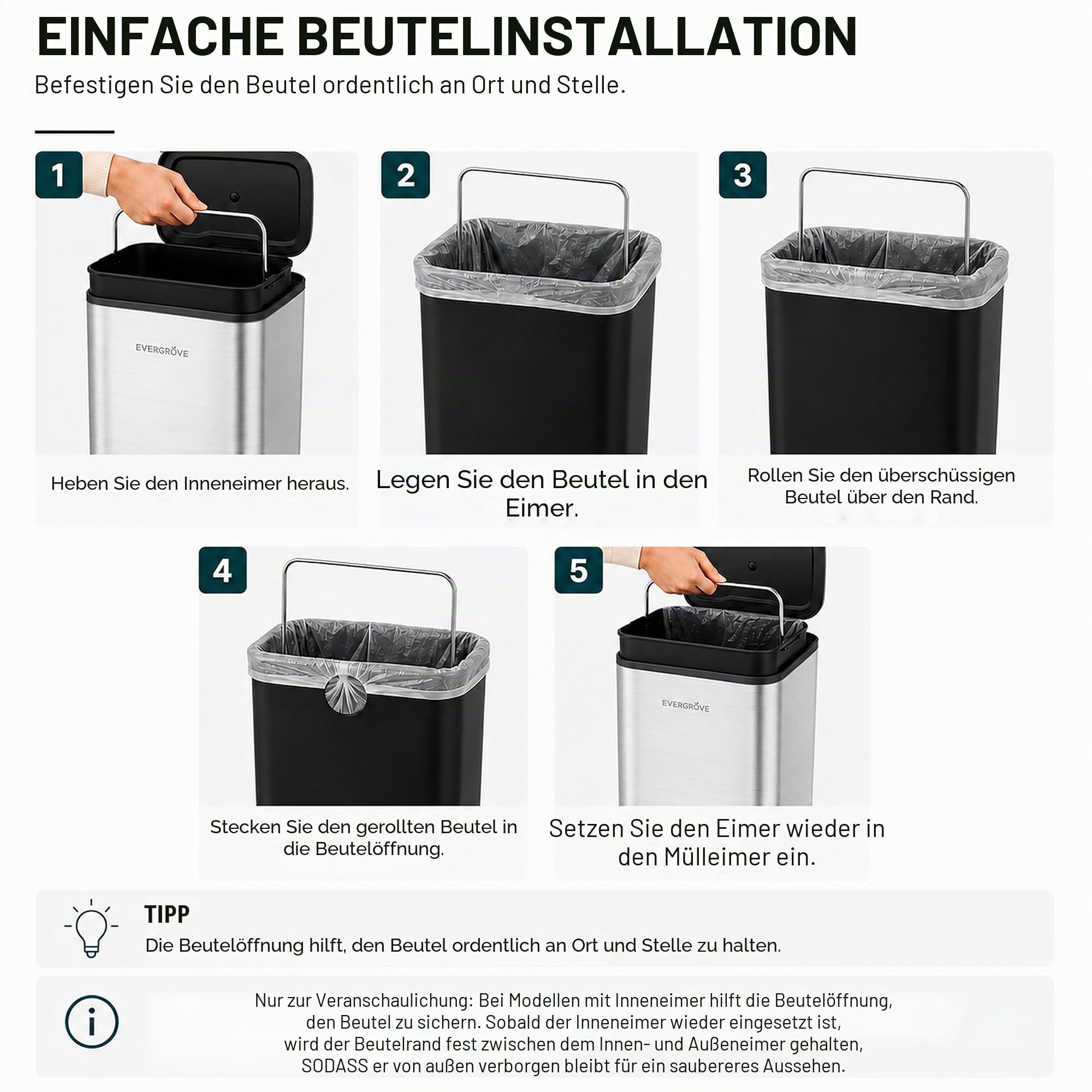 EverGrove 10 L Edelstahl-Treteimer, 14 cm breit, fürs Bad, Arctic White