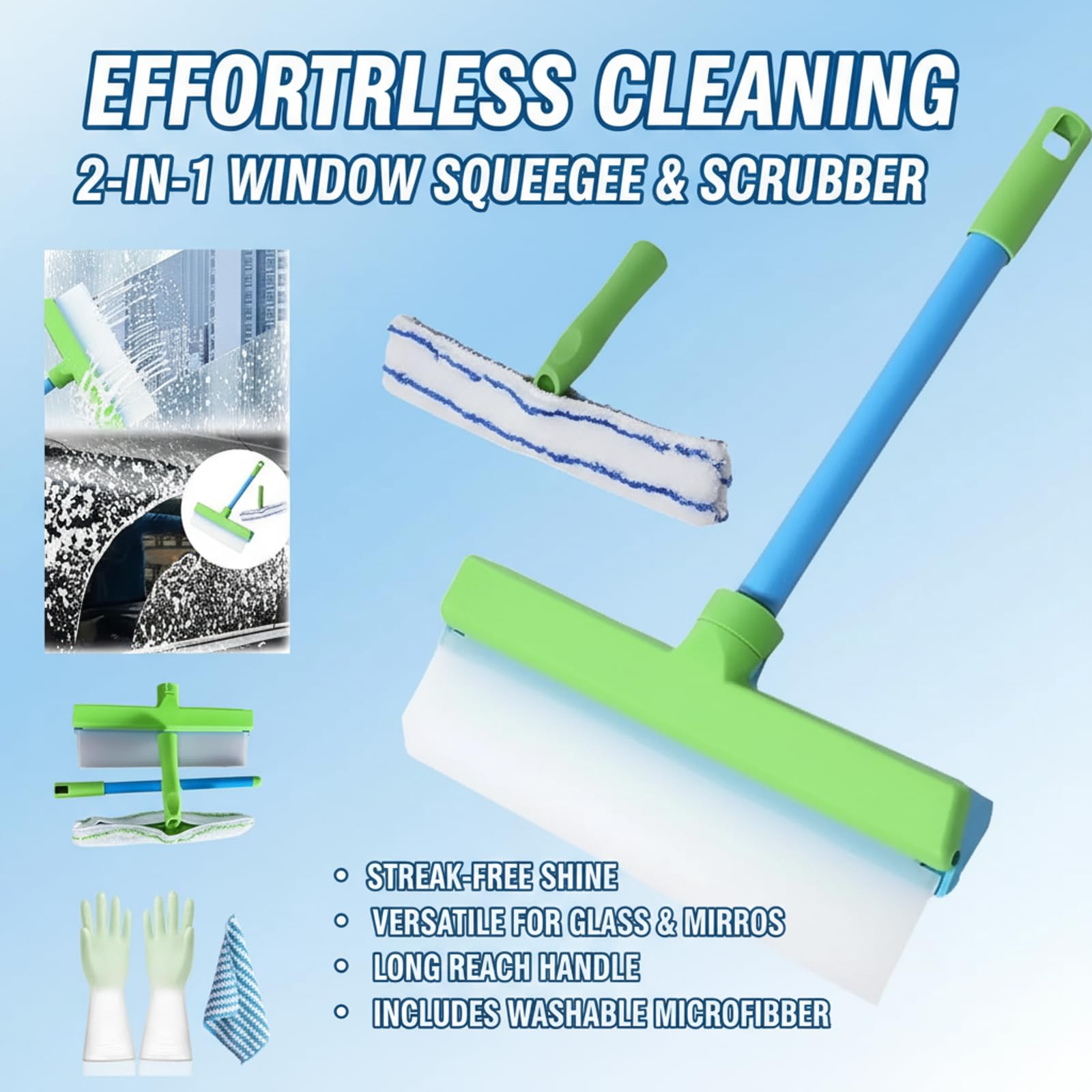 Aqua Blade Window Squeegee, 3 In 1 Recyclable Silicone Wiper with Microfiber Scrubber, Rotatable Cleaning Tool for Shower Glass, Mirror, Car, Blue, 200g