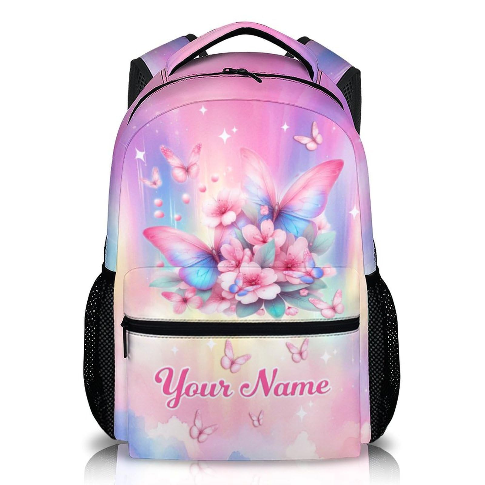Personalized Backpack for Girls, Custom Butterfly Bookbag for Kids Children, 17 Inch Pink Butterfly Schoolbag for Preschool Kindergarten Primary,
