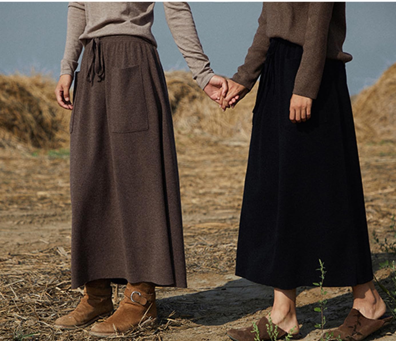 Winter Wool Maxi Skirt with Pockets Elastic Waist Knitted Midi Skirt - Image 5