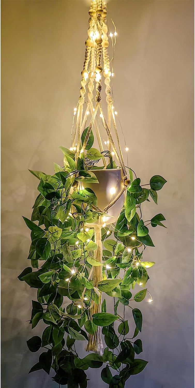 Comtelek Macrame Plant Hanger with Lights Indoor Hanging Planter Basket with Woo…