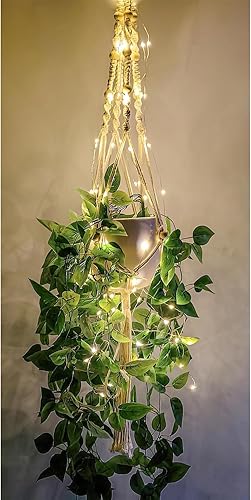 Comtelek Colgador de macramé para plantas con luces, cesta colgante de interior con cuentas de madera, soporte para maceta, borlas de cuerda de