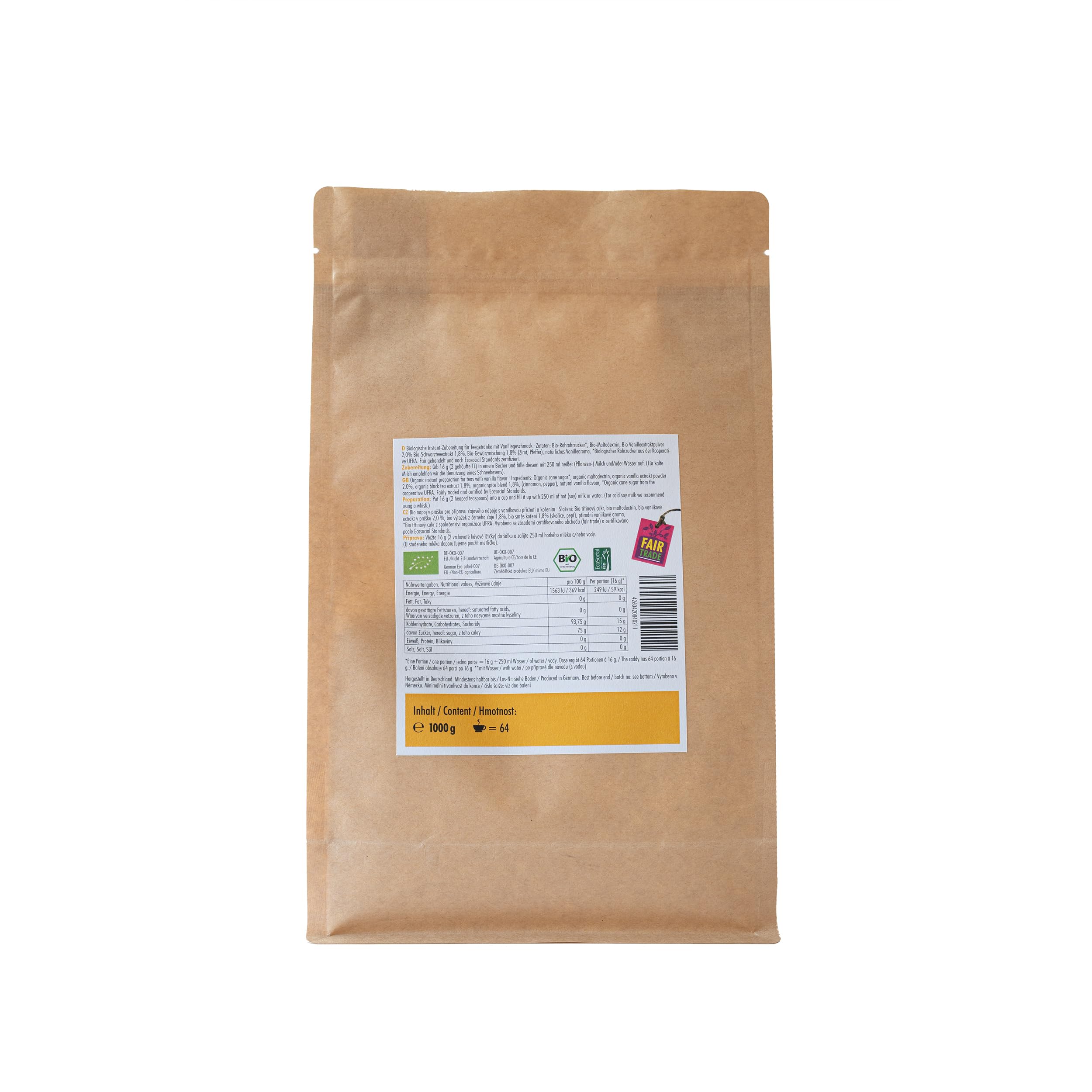 Simply Chai Bio & Vegan Vanilla Chai Latte Pulver, 1kg Vorratsbeutel – Milder indischer Gewürztee mit Schwarztee, Vanille & Zimt, instant löslich