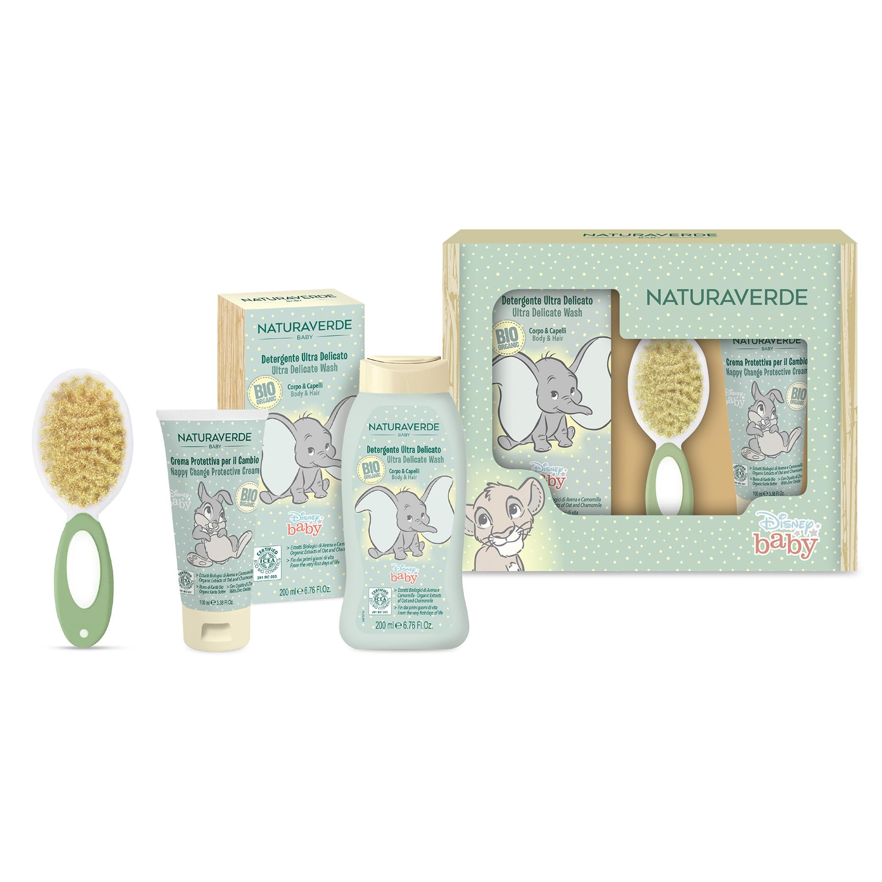 NATURAVERDE BIO BABY | Bio Disney Baby Detergente Delicato C&C 200ml + Crema Protettiva per il Cambio 100ml + Spazzola Capelli - Set Delicato per la Cura dei Più Piccoli