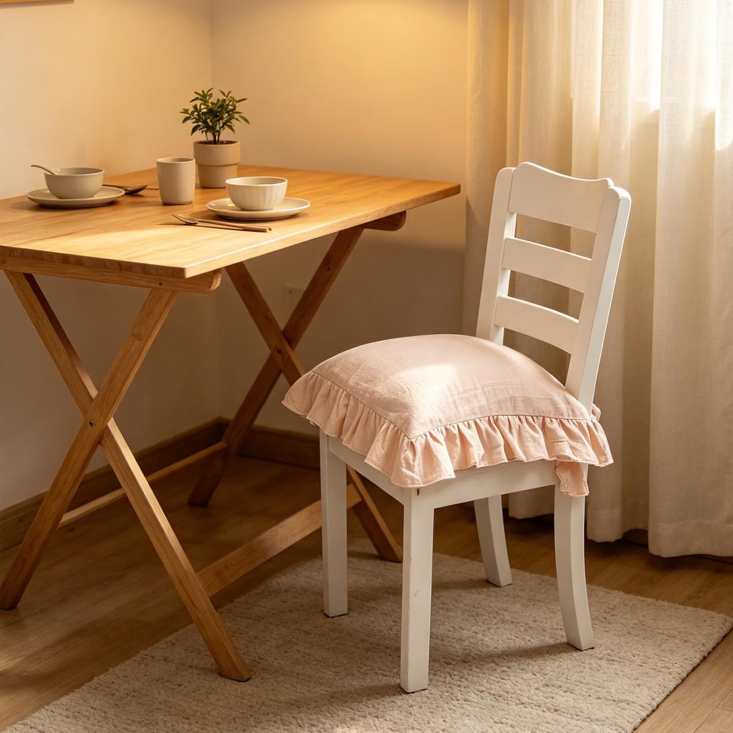 French Ruffle Chair Pad Cover with Tie Closures Beige Cloth