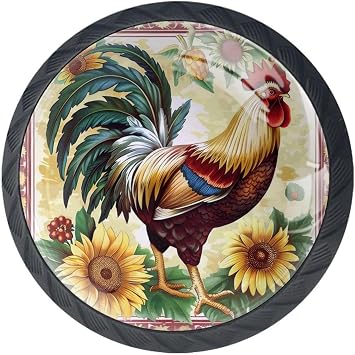 4 Pcs Drawer Knobs 35MM Rooster Sunflower Kitchen Cabinet Knobs Black Drawer Pulls Dresser Knobs,Glass Knobs for Kitchen Cabinet Hardware Bathroom