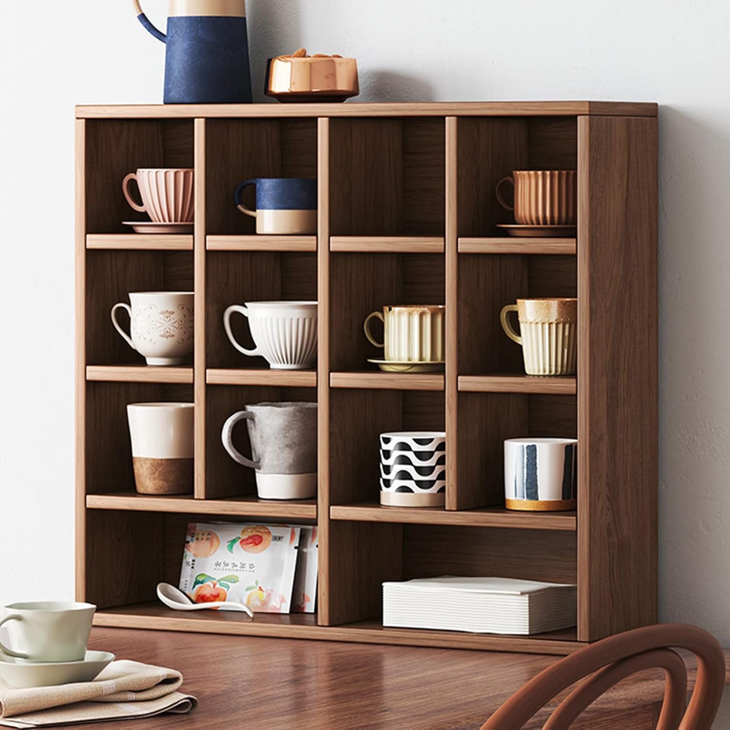Wooden Lattice Display Rack Multi-grid Cup Rack Tea Cup Decoration Storage Rack Tea Room Tea Set Wooden Partition Rack (Brown 60 * 60cm)