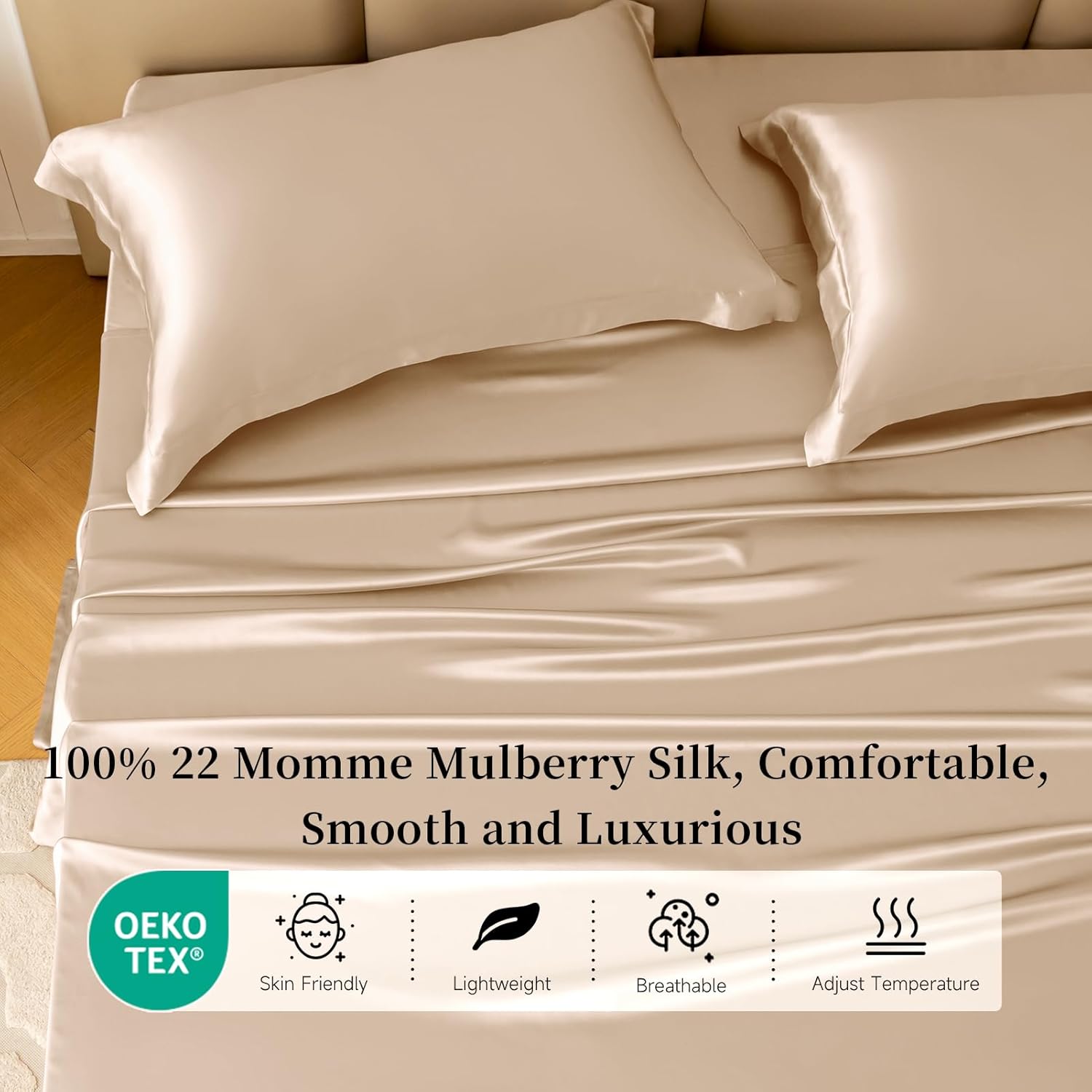 THXSILK Silk Sheet Set 4 Pcs, 22 Momme 100% Top Grade Natural Mulberry Silk Bed Sheets, Luxury Bedding Sets -Ultra Soft Durable, 1 Fitted Sheet, 1 Flat Sheet and 2 Pillow Shams (King, Champagne)