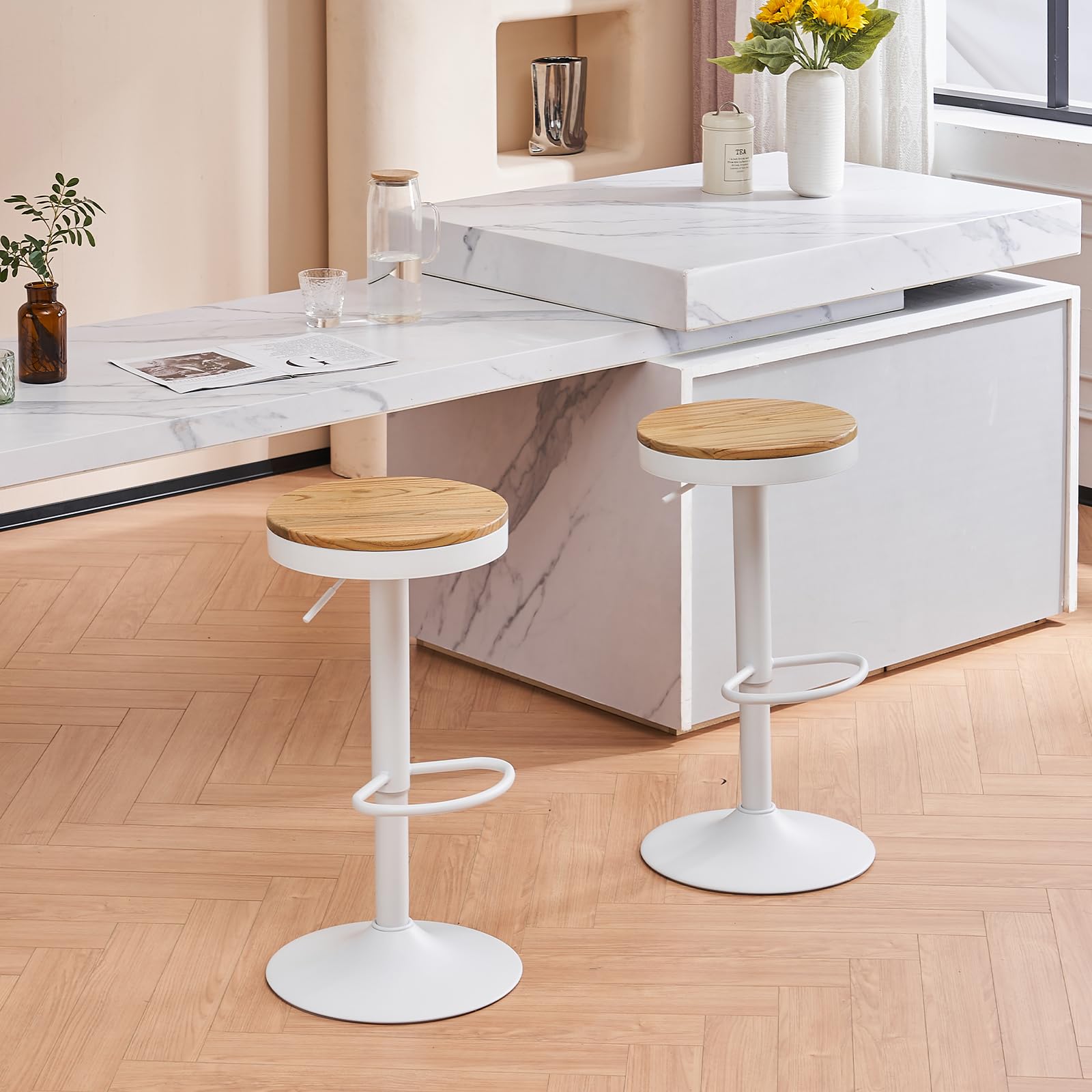 YOUNIKE Sgabello Bar Legno Rotondo Sedie Alta Bar Seduta Ilot Central Cucina Sedile Bar Set di 2 Vintage Regolabile Rotazione Metallo Girevole Bianco