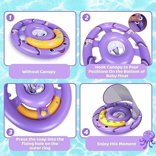 Miniatura 4 de Flotador de piscina para bebé con toldo de protección solar extraíble UPF50+, flotadores de natación para bebés de 6 a 24 meses, diseño doble extra