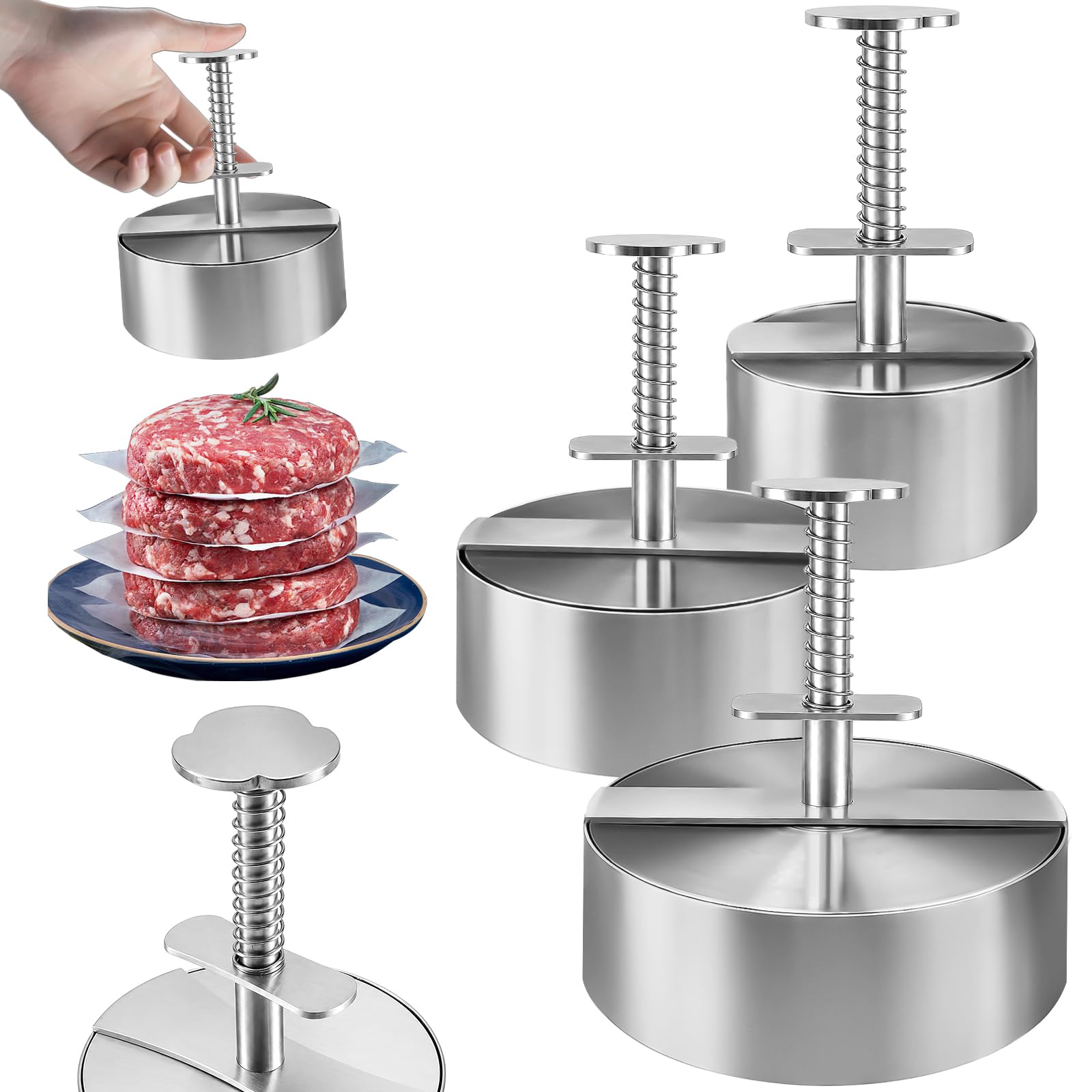 Presse à Burger Acier Inoxydable 304, Moule Steak Haché 8/11,5/14 cm, Antiadhésif pour Barbecue