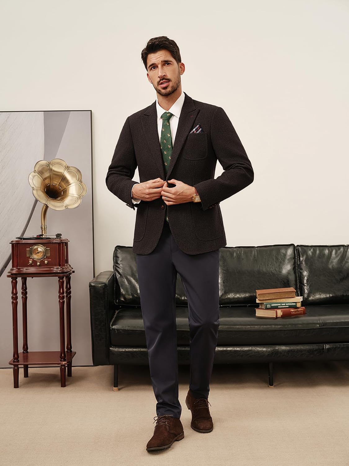 PJ PAUL JONES Mens Tweed Blazer Wool Sport Coat Two Button Peak Lapel Vintage Suit Jackets - Image 3