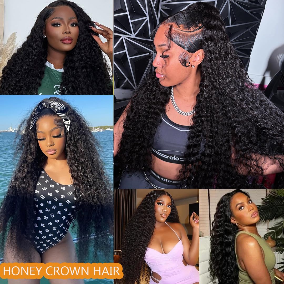 HONEY CROWN 34 Inch 13x6 Deep Wave Lace Front Wigs Human Hair HD Lace frontal Deep Curly Human Hair Wig for Black Women 180% Density Wet and Wavy Glueless Wigs Human hair Pre Plucked with Baby Hair