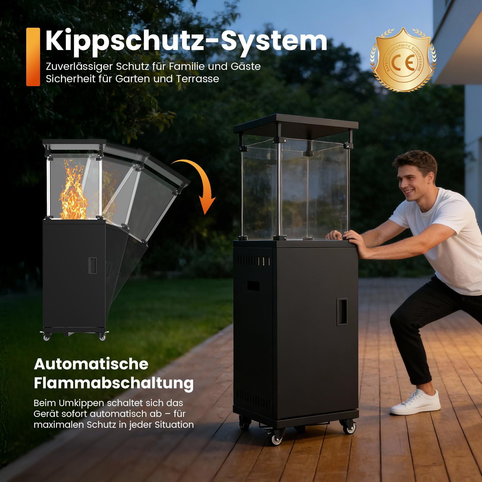 Sweetcrispy Heizstrahler Terrasse Gas 11 kW, Terrassenheizer, Propan Butan Gasheizstrahler, Mobiler Tragbarer Heizpilz, 360° Rollen Kippschutz, Gasheizung Gasheizer für Outdoor Garten, Schwarz