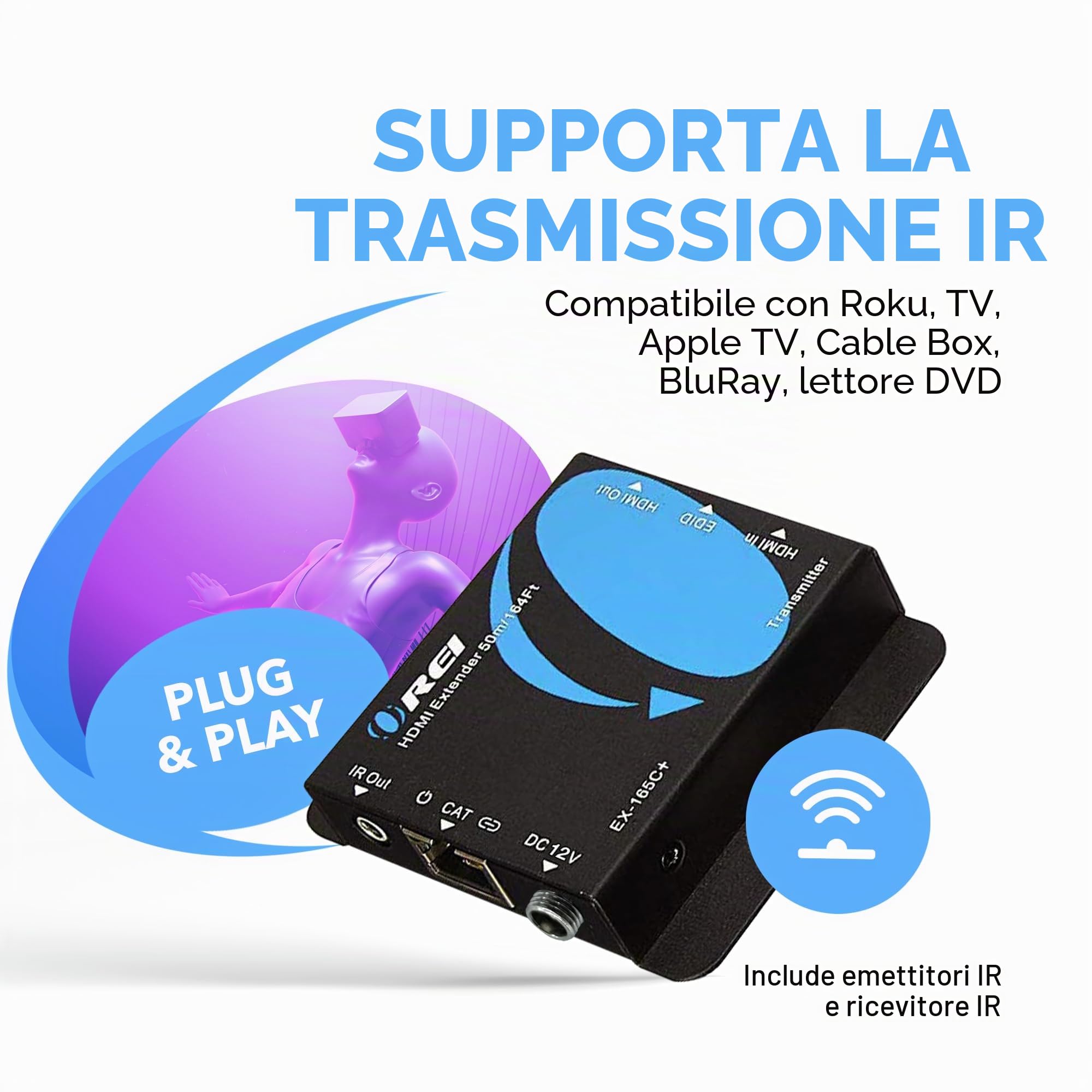 OREI Extender HDMI 4K su Ethernet CAT5/CAT6/CAT7 fino a 165 piedi a 1080 @ 60hz – HDMI 1.4 e HDCP 1.4 compatibile con passaggio IR unidirezionale, uscita loop HDMI e cavo di alimentazione