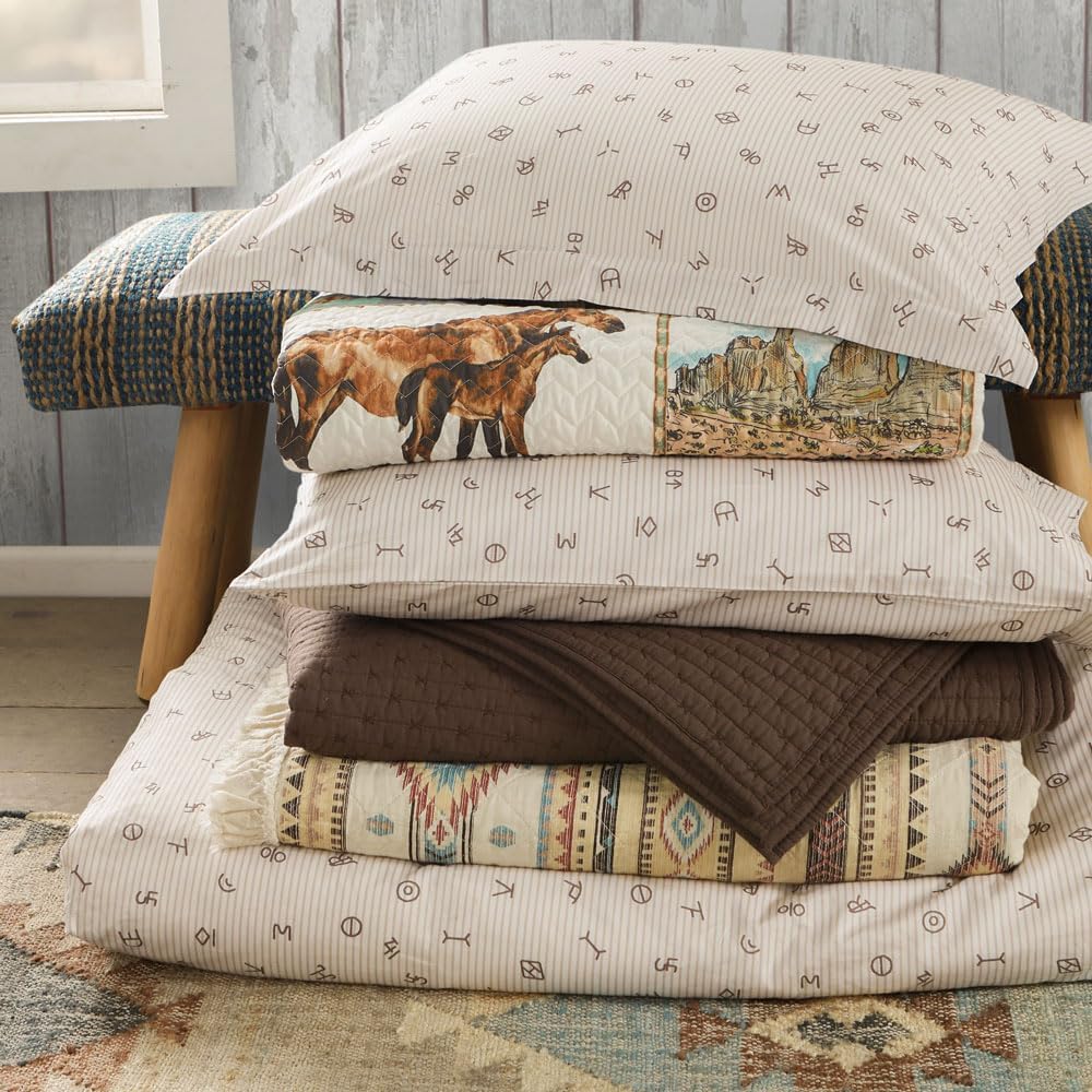 Rod's True Western Cattle Brands Ticking Stripe Queen Duvet Set – 3 Piece Western Bedding, Beige and White Cotton with Shams