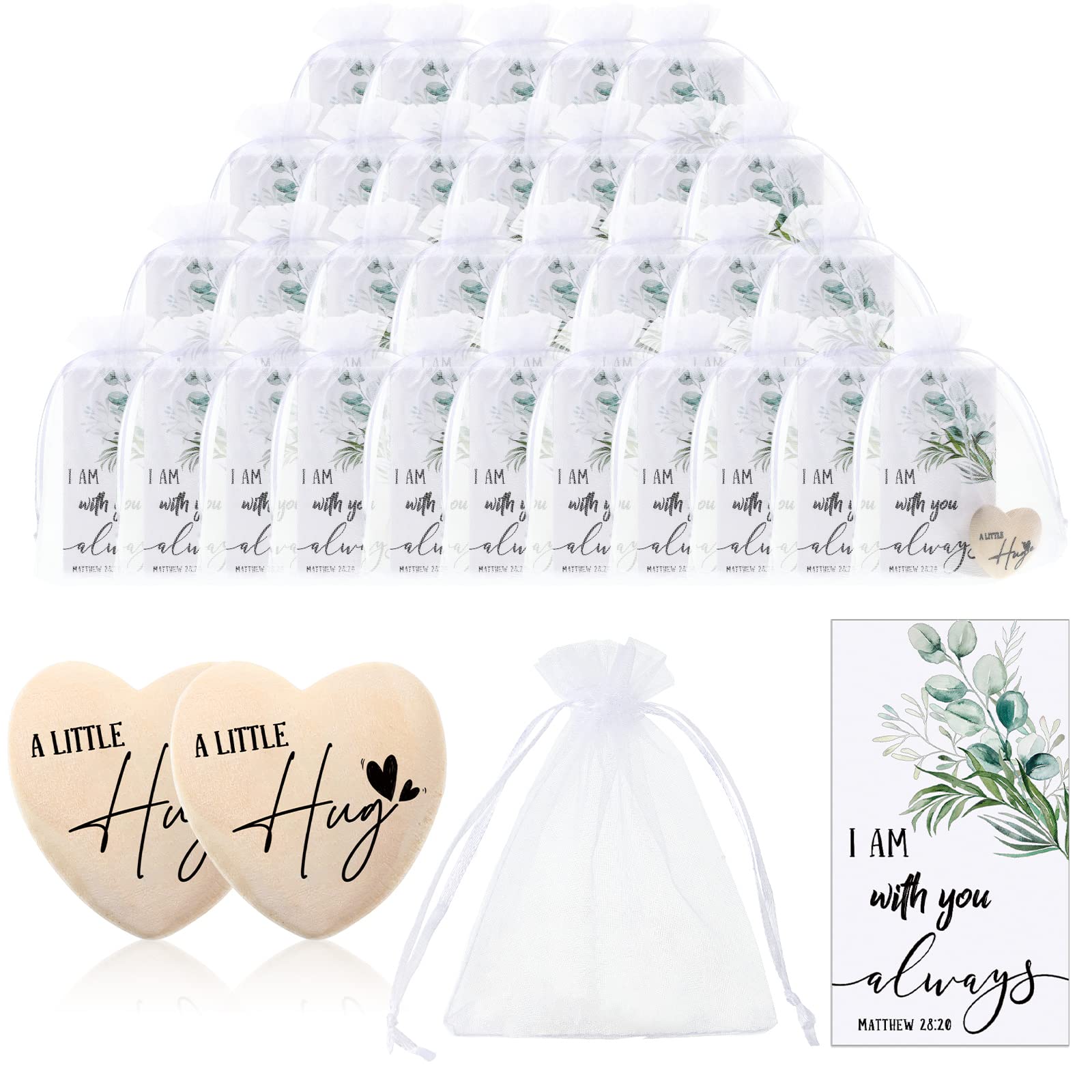 Bucherry 100 Sets Wooden Heart Pocket Hug Token with Bible Hug Card Organza Bag Bulk Student Pocket Reminder Keepsake Heart Charm for Family Friend Colleagues