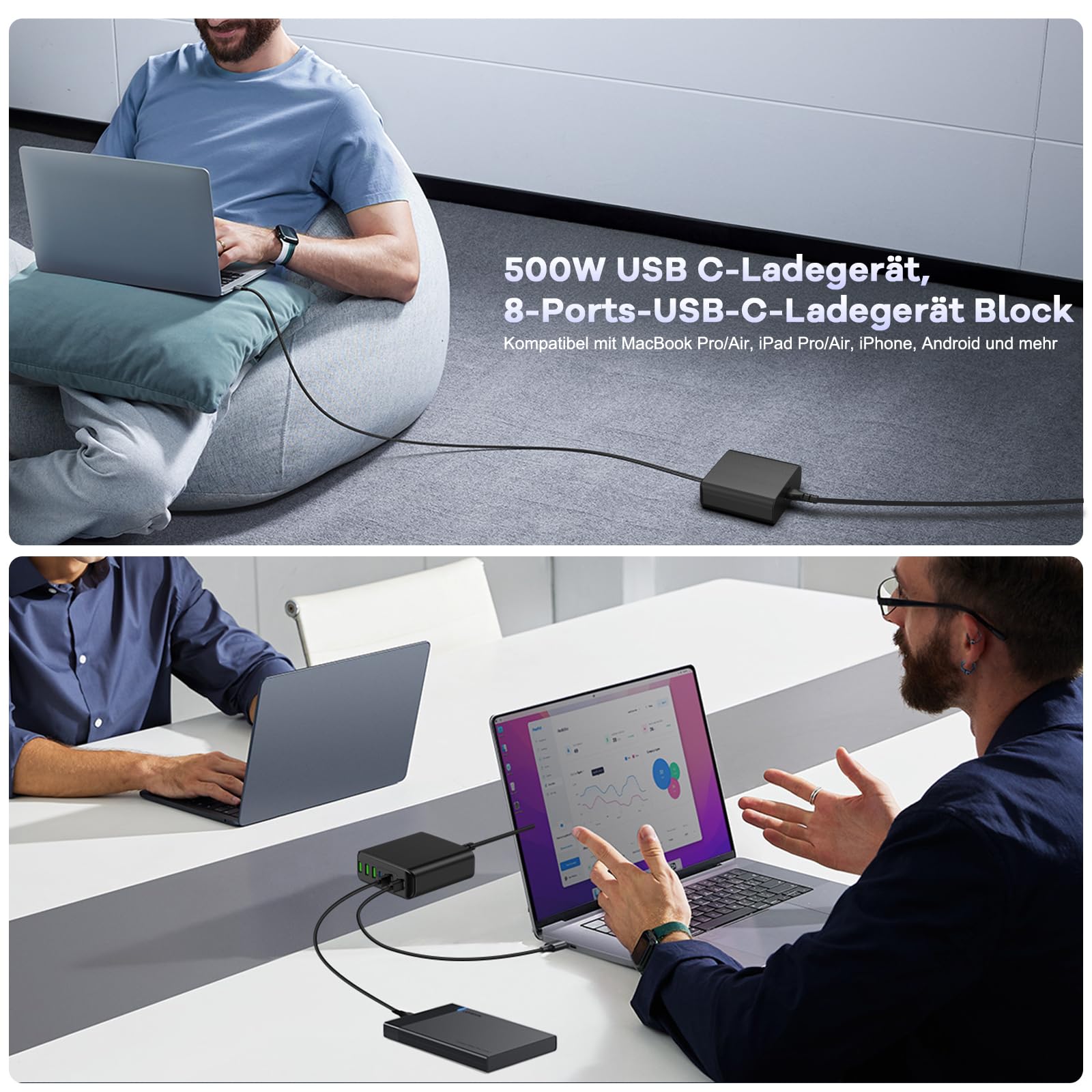 Caricatore USB C da 500 W, multiuso, GaN V 8 porte, caricatore USB multiuso, 500 W, 8 porte, compatibile con MacBook Pro/Air, iPad Pro/Air, iPhone, Android, ecc. (nero, 8 porte 500 W)