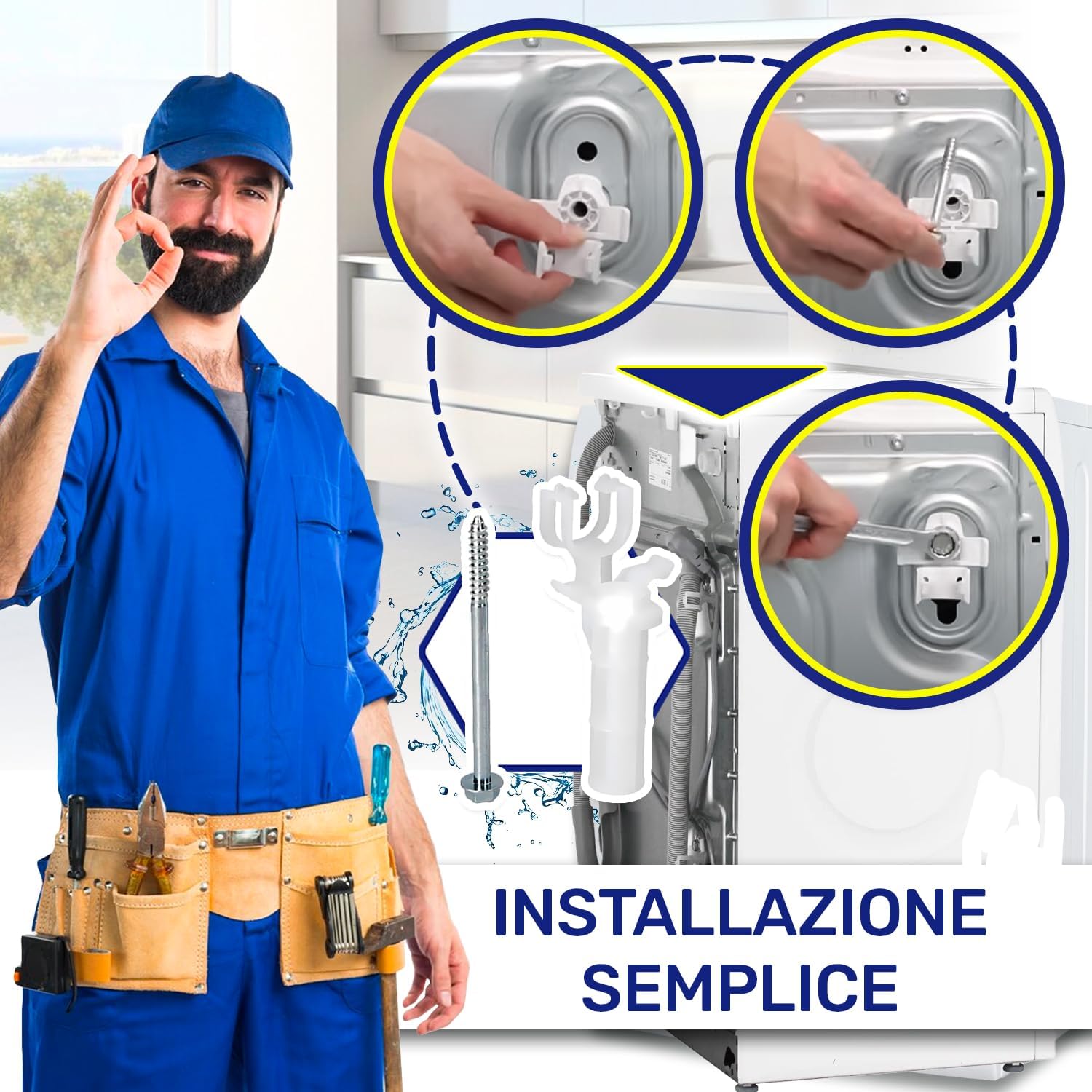 Step-by-step visual guide demonstrating the simple installation process of the washing machine transport bolts into the rear panel of a washing machine.