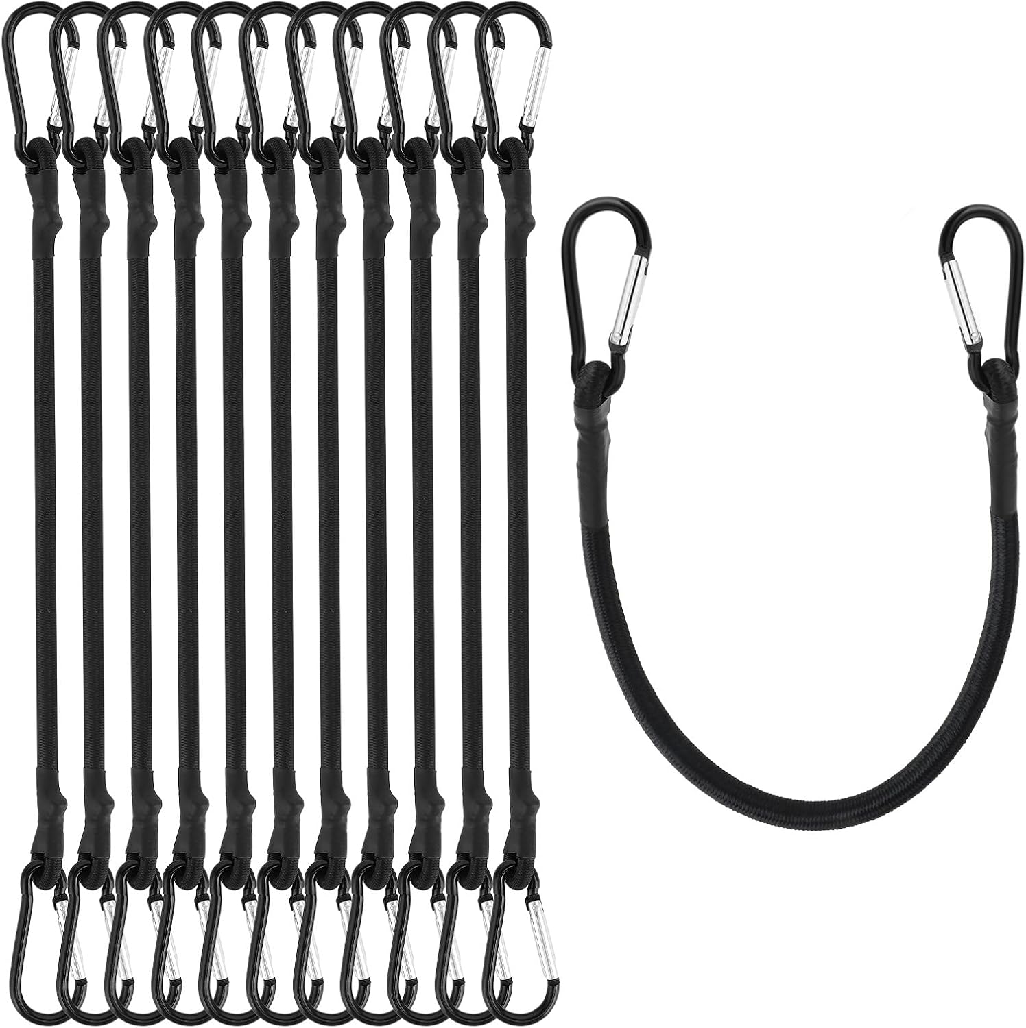 12 Pack Bungee Cords Heavy Duty Outdoor, 12 Inch Bungee Cords with Hooks, Adjustable Carabiner Straps, High Break Strength for Cargo, Bike, Camping Gear, Luggage Rack, Hand Carts