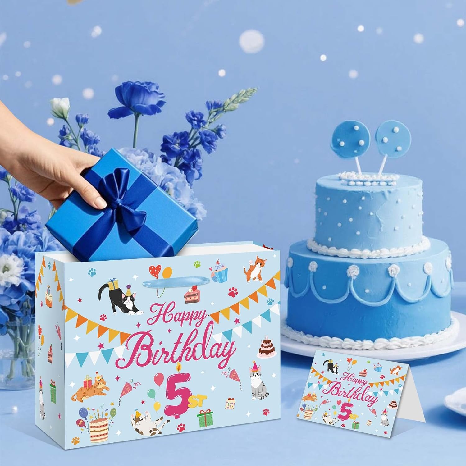 EIGHTSTATES Blue Cat Happy Birthday Gift Bags Themed Birthday Gift Wrapping Bag 5th Bday Gift Bag with Card Tissue Paper for Girls Baby Showers Five Year Old Bday Party Favor Supplies - Image 4