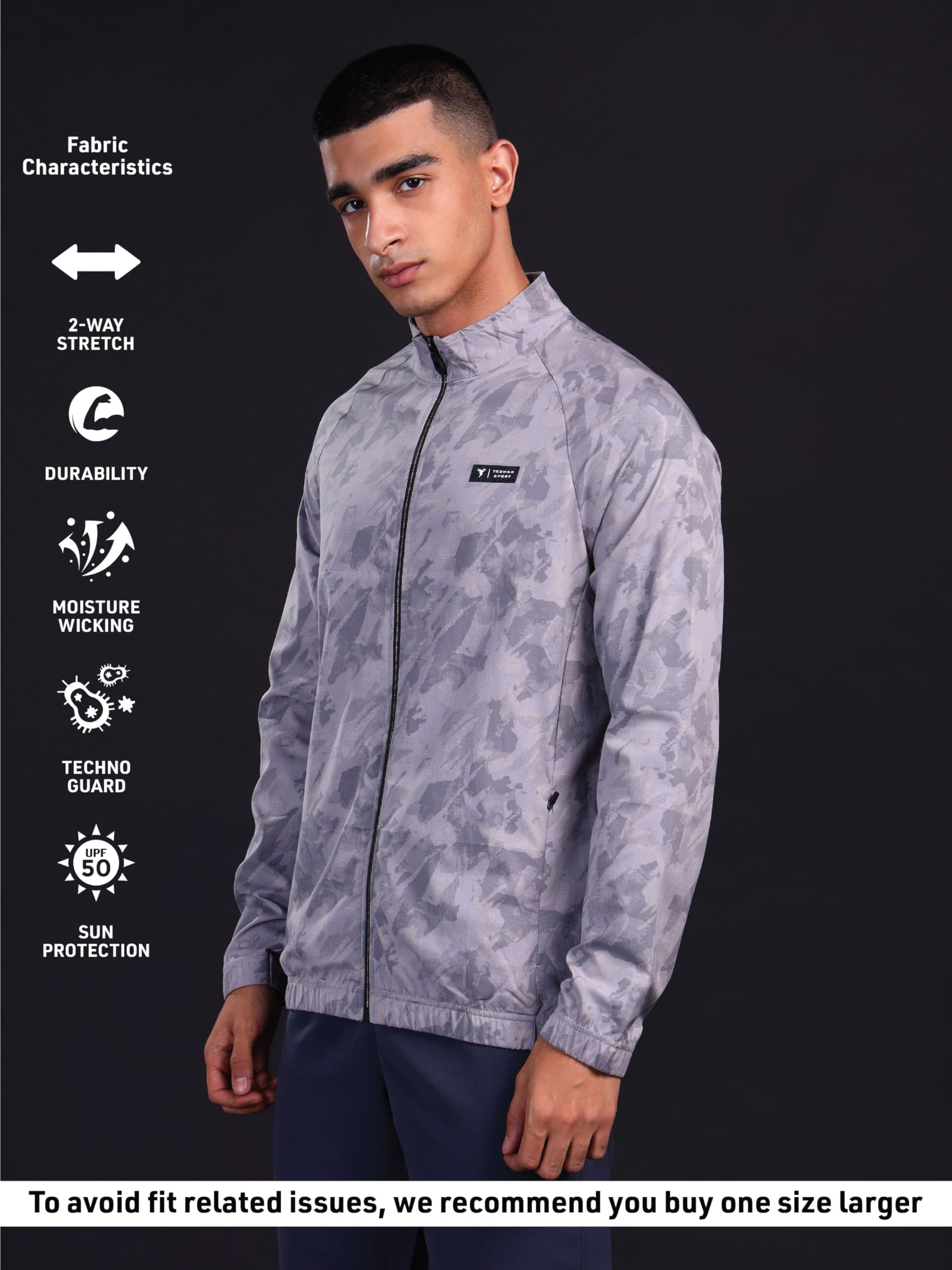 TECHNOSPORT Men's Slim Fit Printed Regular Jacket With SPF50+, Quick Dry for Regular Use - (PM92GME_Grey Marble_L) - Image 4 thumbnail