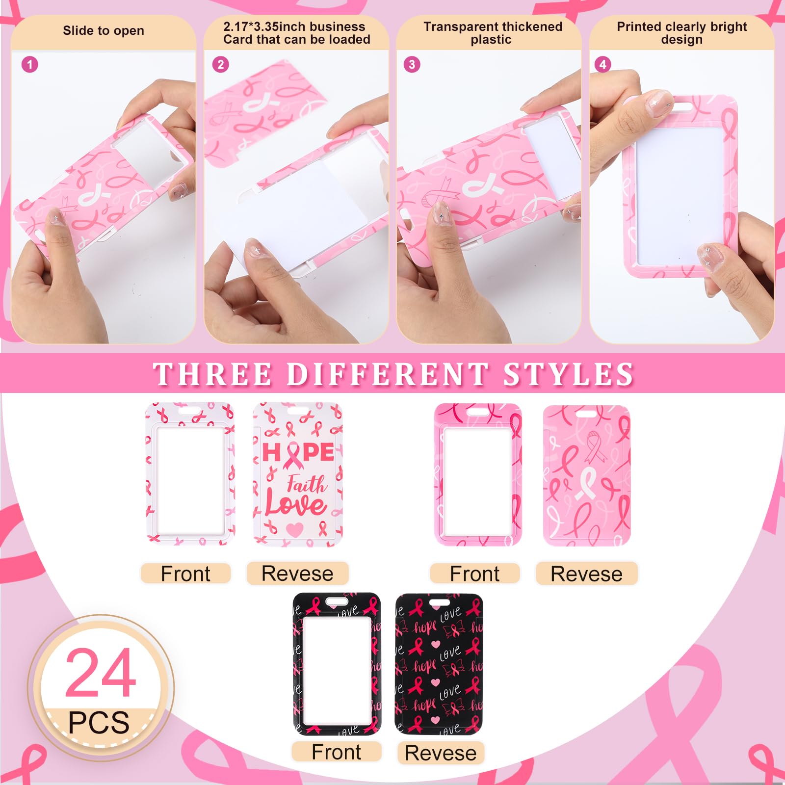 Qilery Set di 24 porta badge per la sensibilizzazione al cancro al seno, con cordini, nastro rosa, porta badge per donne, ragazze, sopravvissute al cancro, regali per eventi pubblici
