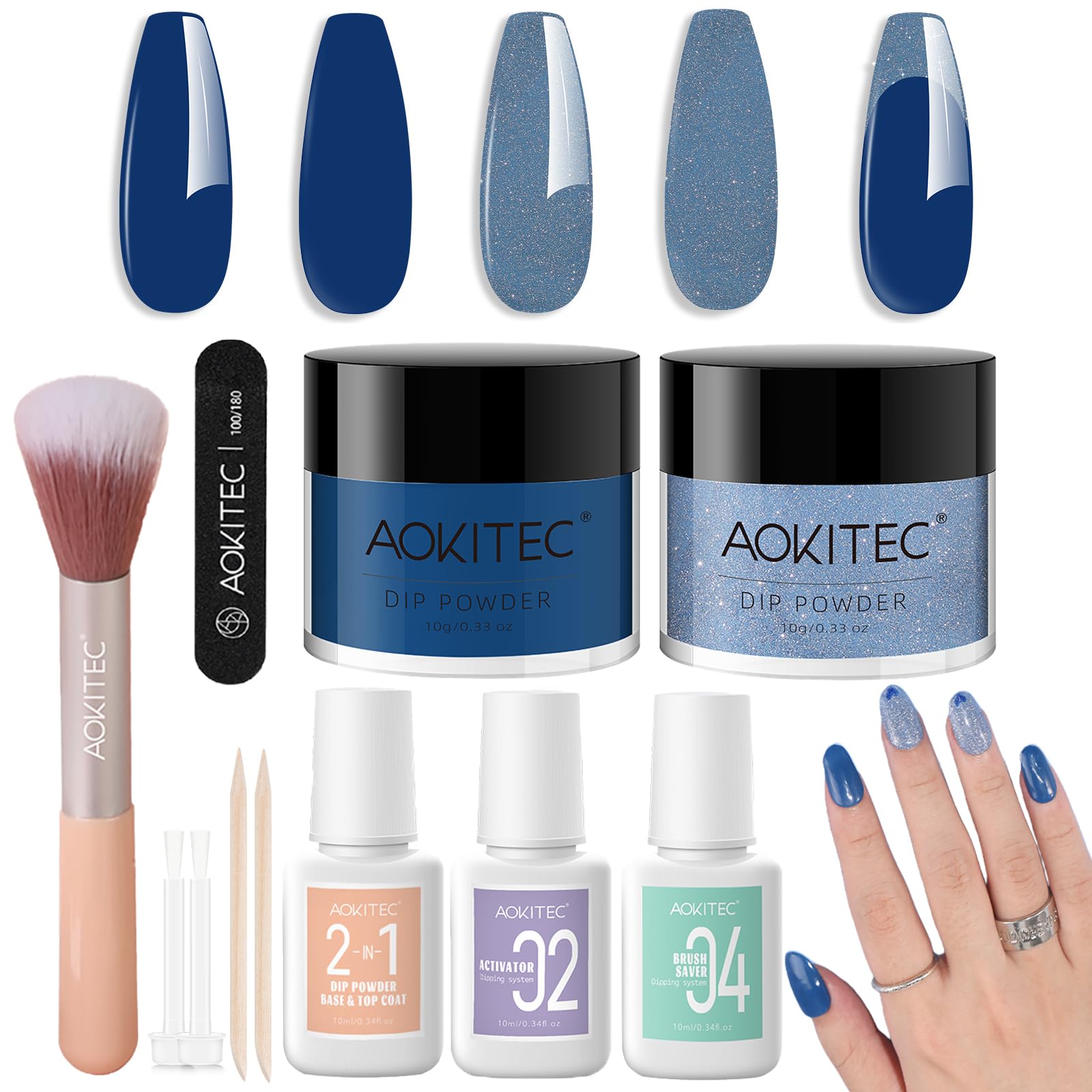 Aokitec Kit de poudre de trempage pour ongles – Poudre à ongles bleue et scintillante avec liquide de trempage pour ongles, kit d'ongles en acrylique pour nail art, facile à transporter et à utiliser