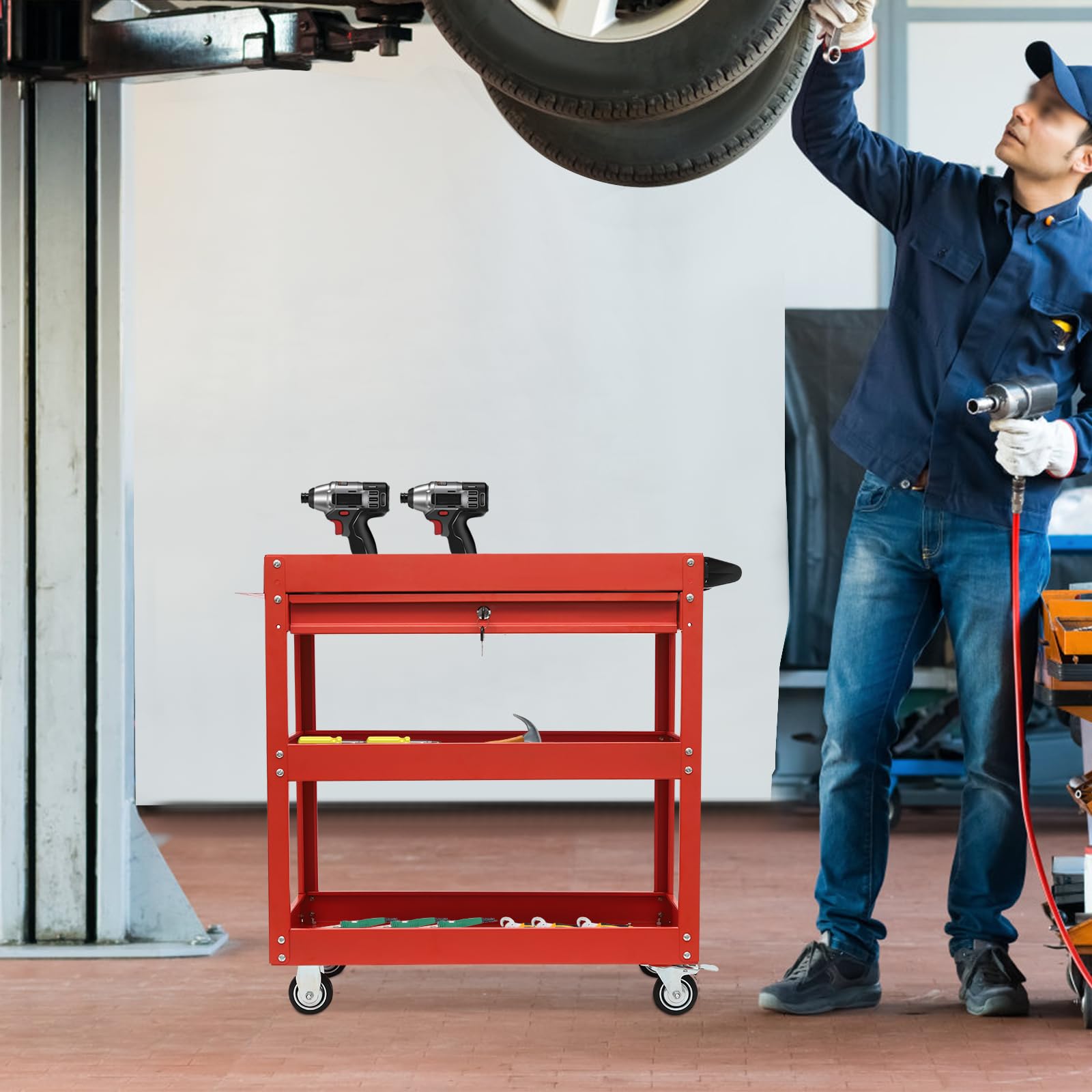 Rollender Werkstattwagen, 3 Etagen Schwerer Werkzeugwagen, Metall Servicewagen für Garage & Werkstatt, bis Tragkraft 150 kg (Rot)