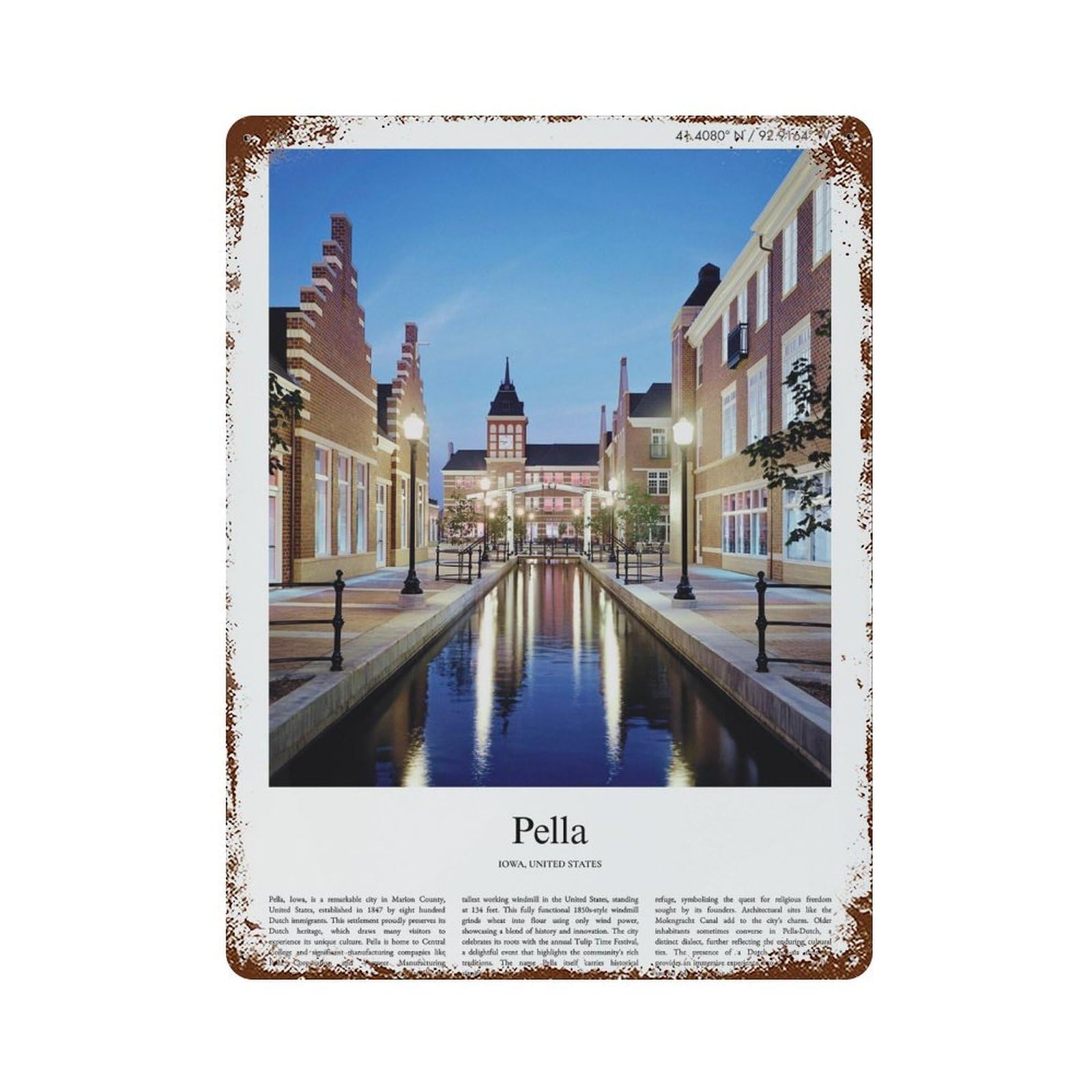 xiaoxiaoshen Pella Iowa, United States, USA City Scenery Wall Decor Art Metal Tin Poster Modern Home Decor Art Home Bar Shop Decorations Vintage Sign 40x30cm
