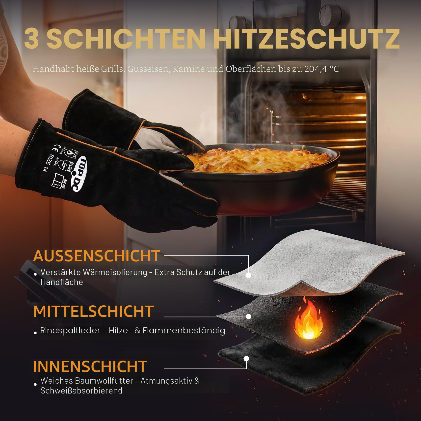 TOPDC Schweißerhandschuhe 35 cm – Hitzebeständige Lederhandschuhe für MIG, TIG, Elektrode, Schmiede, BBQ, Grill, Kamin, Holzofen, Ofen & Feuerstelle