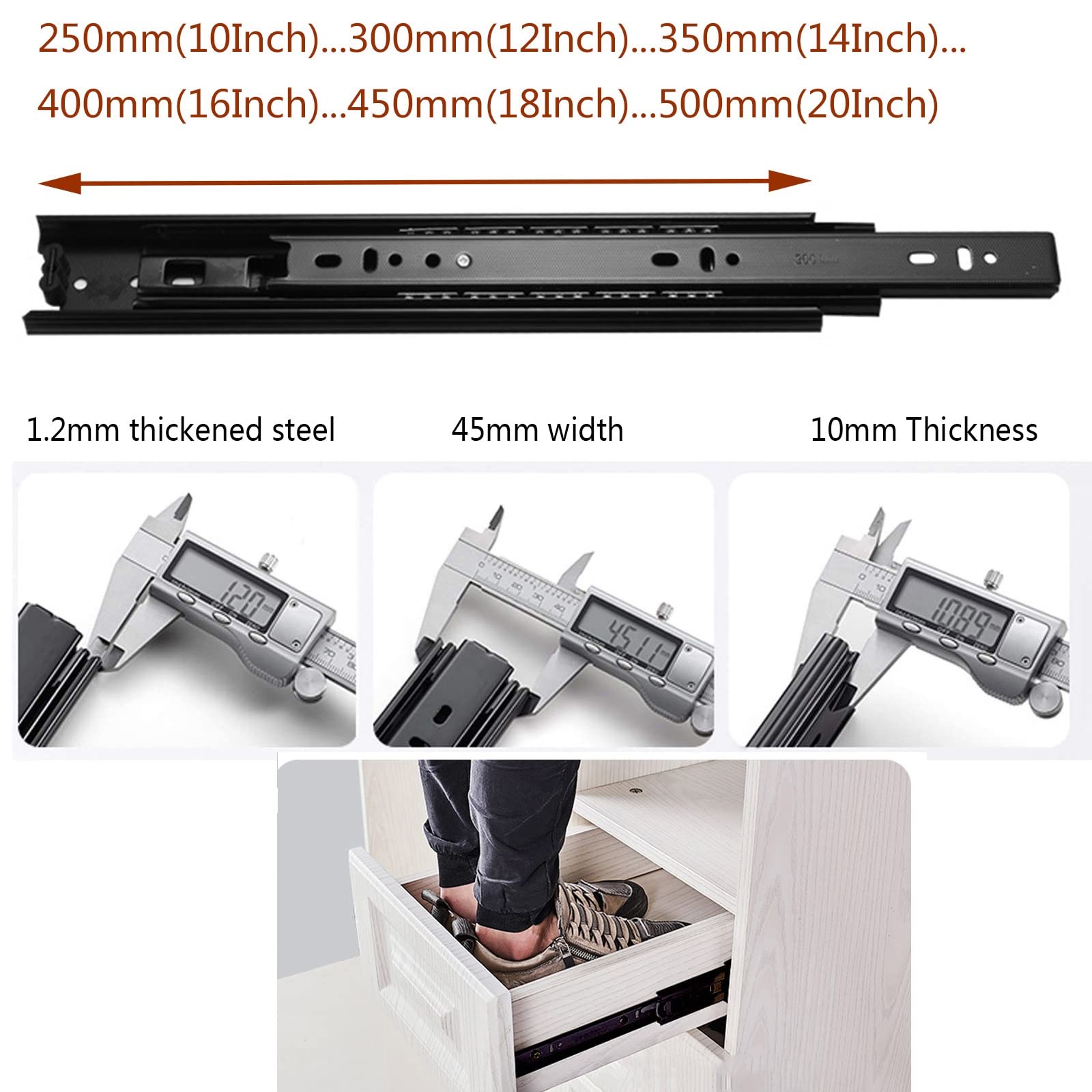 Guías para cajones de gabinetes Guías de metal resistentes, 2 pares de rieles deslizantes for cajones de gabinetes de cocina, negros, guías con rodamientos de bolas de extensión completa de 3 pliegues