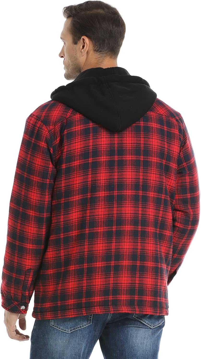 CHEXPEL Flannel Jackets for Men Long Sleeve Plaid Shirt Jacket Quilt Lined Hooded with Button Down Winter Coat - Image 3