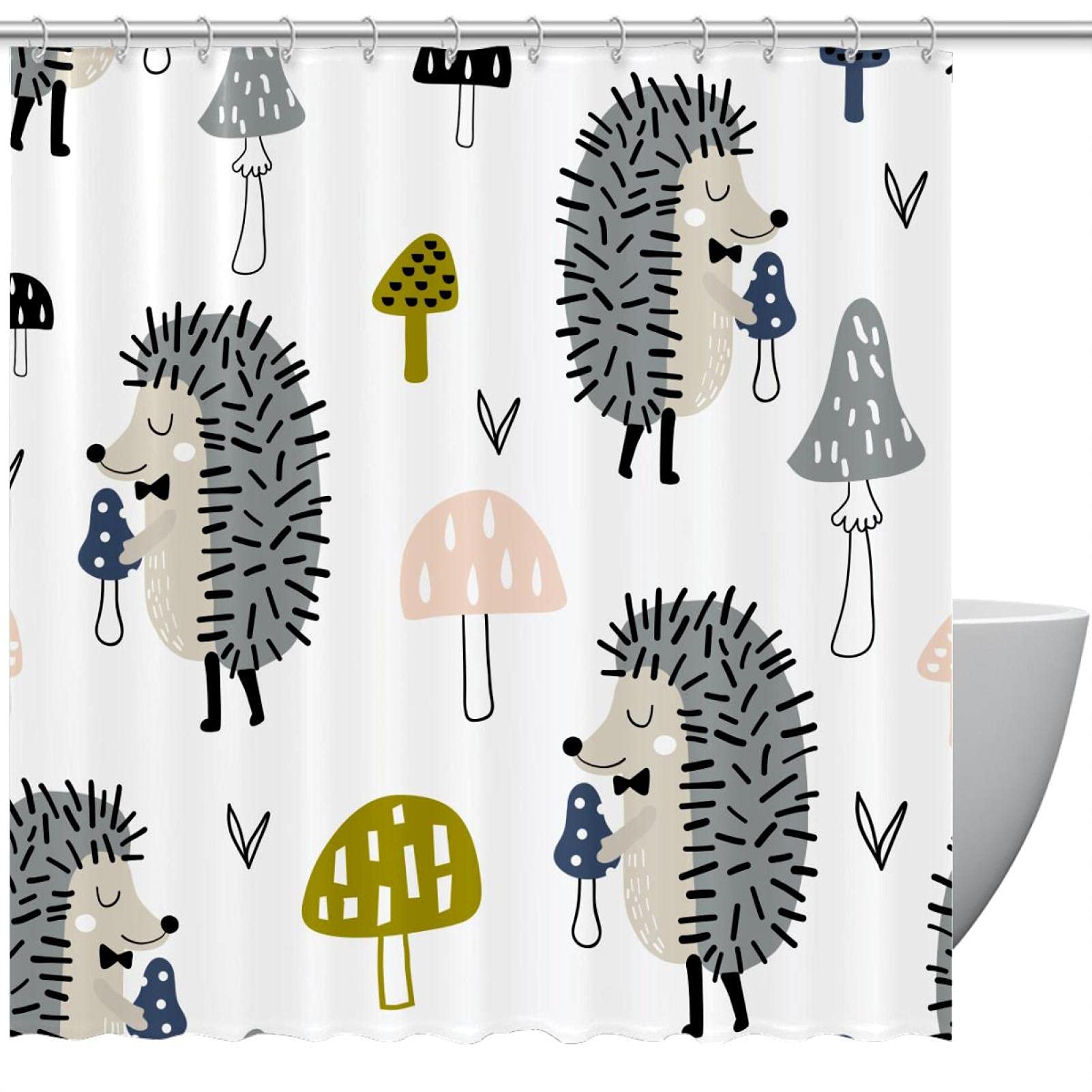 Rideau de douche hérisson et champignon 167 x 182 cm textile salle de bain imperméable