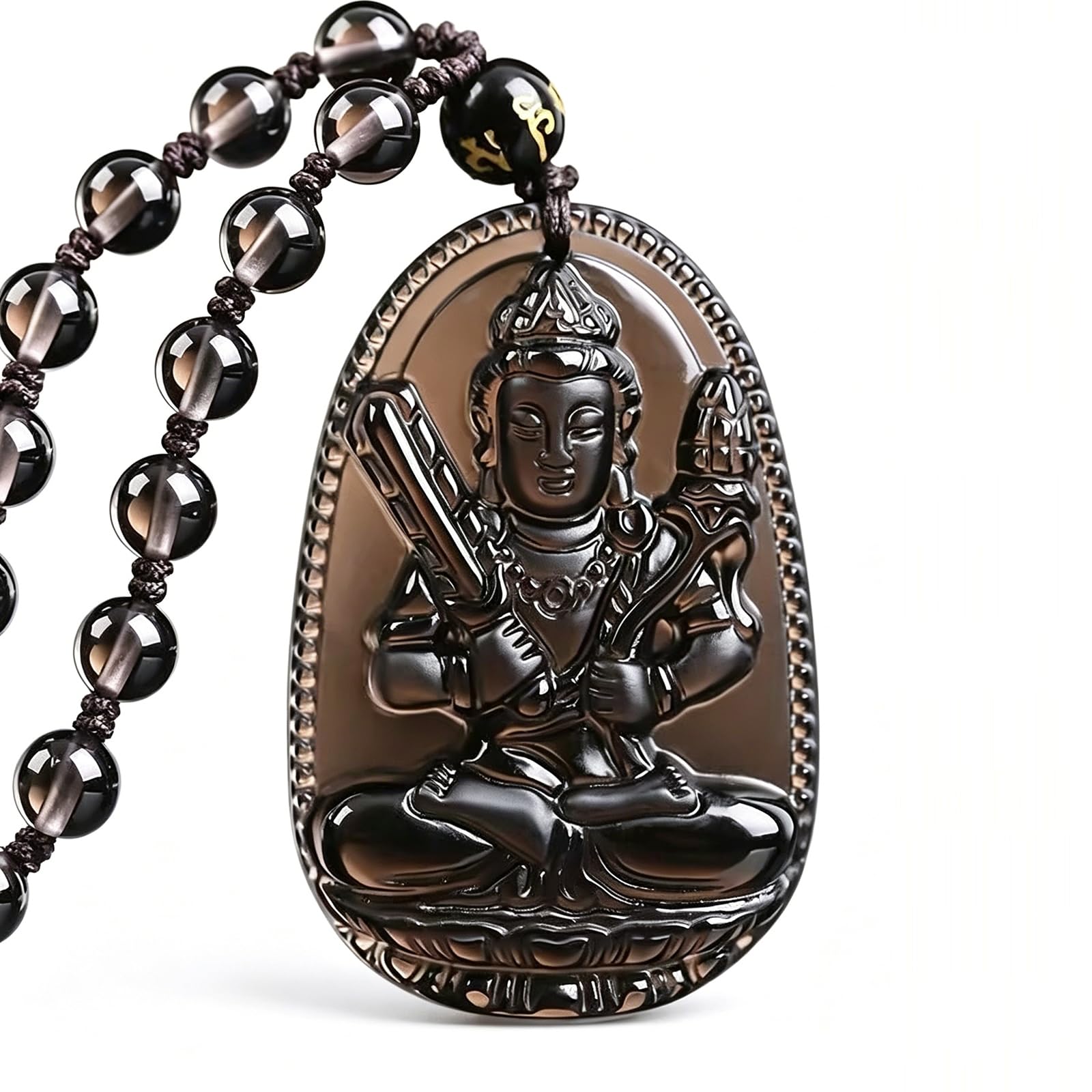 Phhxkkuo Black Obsidian Chinese Zodiac Guardian Buddha Pendant Necklace - Akasagarbha Samantabhadra Manjusri Bodhisattva Jewelry for Men Women Ben Ming Nian Gift,E,60 * 40 * 12mm