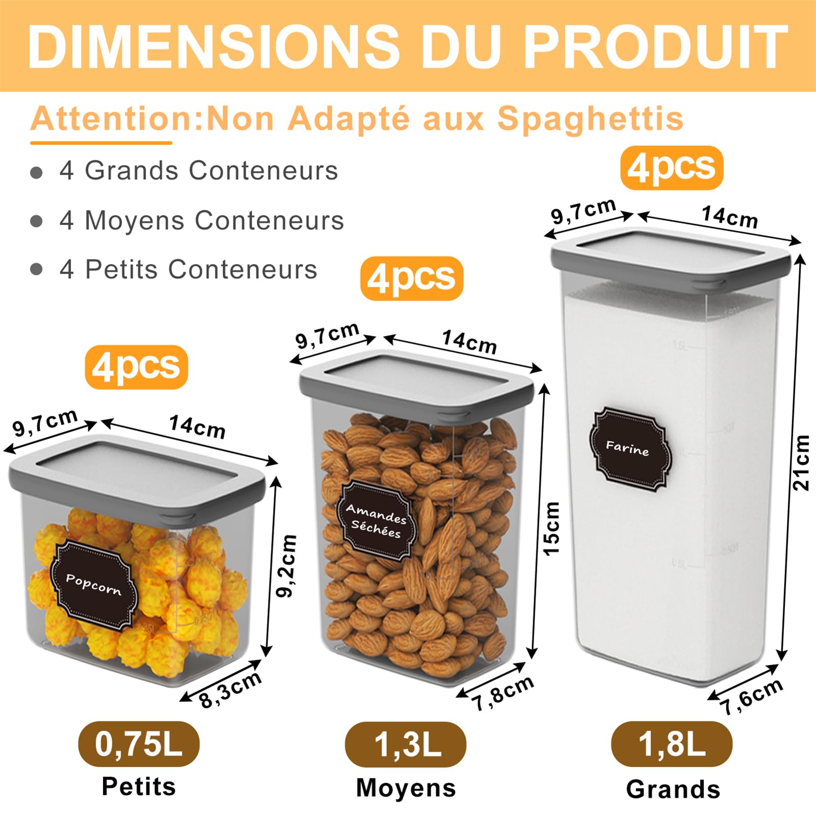 Boite Rangement Cuisine Lot de 12, Boite Hermetique Alimentaire, Boite Conservation Alimentaire en Plastique avec couvercles pour Céréales, Farine et Aliments Secs