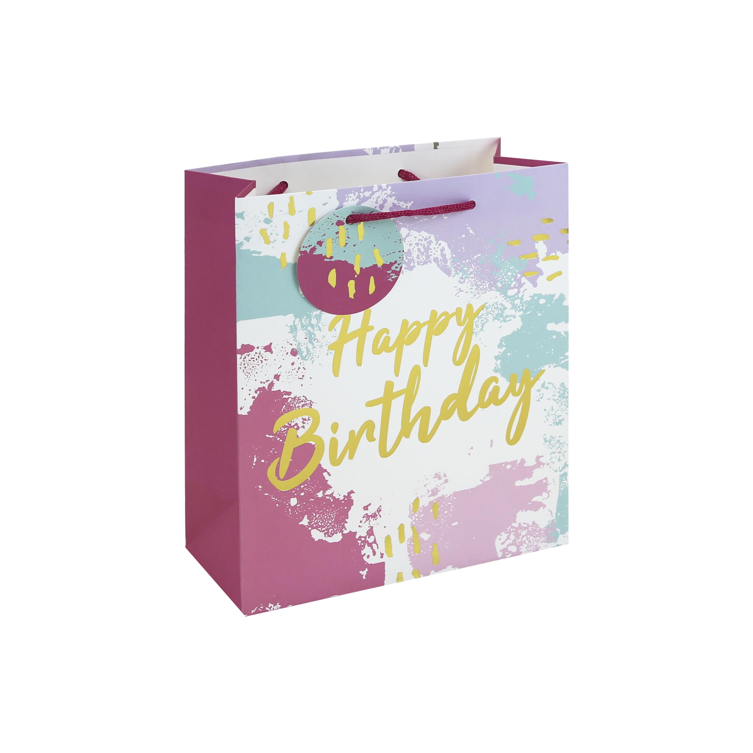 Eurowrap Pink Abstract Happy Birthday Medium Gift Bags Pack of 3 – Pink Present Bags with Foil Finish, White Kraft Paper & Paper Woven Handles – Birthday Gift Packaging for Girls & Women